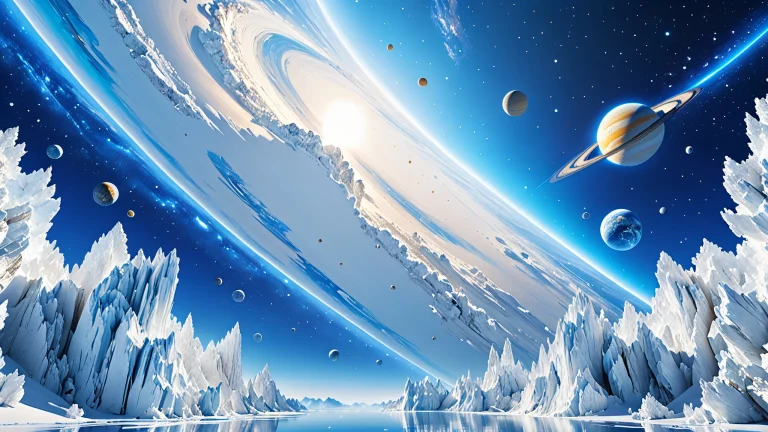 A vibrant digital artwork featuring a majestic blue and white cosmos with intricate details and textures.