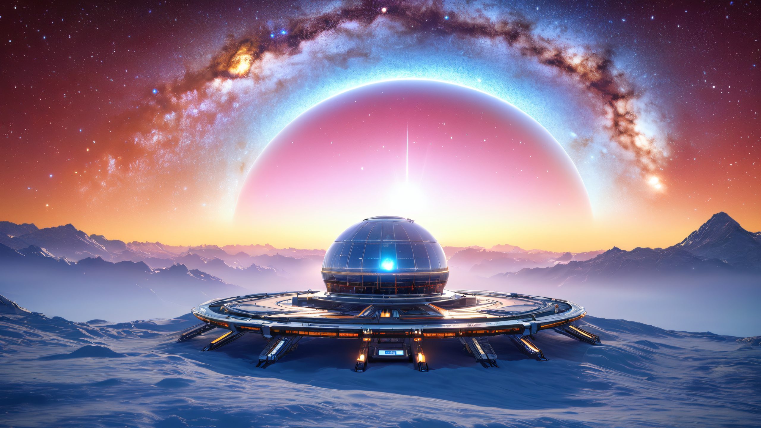 Epic Cosmic Cloud Station at Dusk 4K Desktop Wallpaper Majestic cloud base station on a starry night sky with desktop/pc