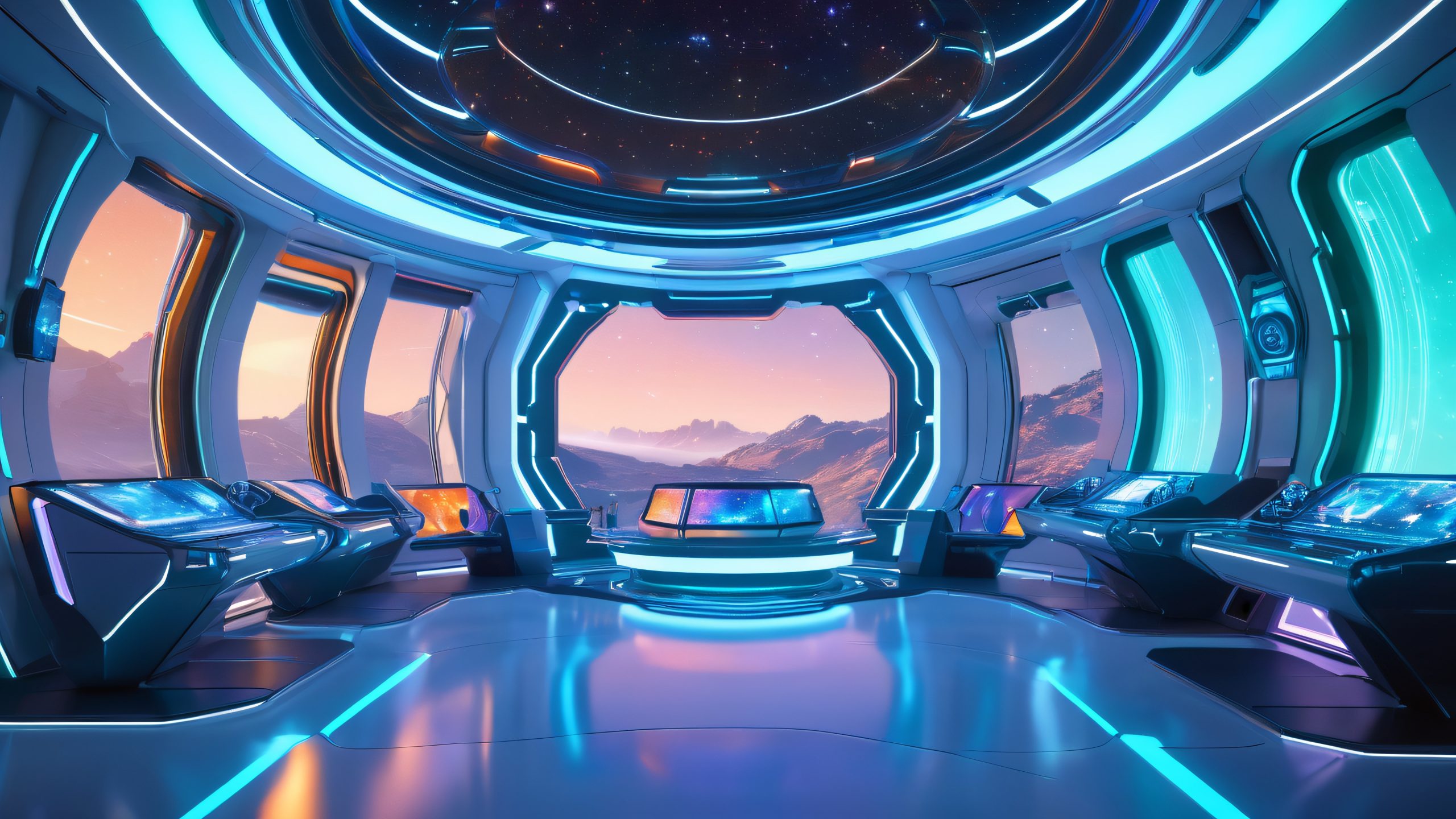 4K Cosmic Command Center Wallpaper for PC/Macadapté pour PC ou ordinateur de bureau Immersive space-themed desktop background of a futuristic spaceship's command center with digital interfaces and starscapes, suitable for PC or Desktop