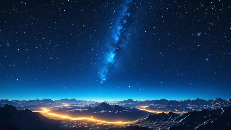 A stunning 4K desktop wallpaper of a night sky filled with stars and galaxies, illuminated by a luminous blue and gold glow.