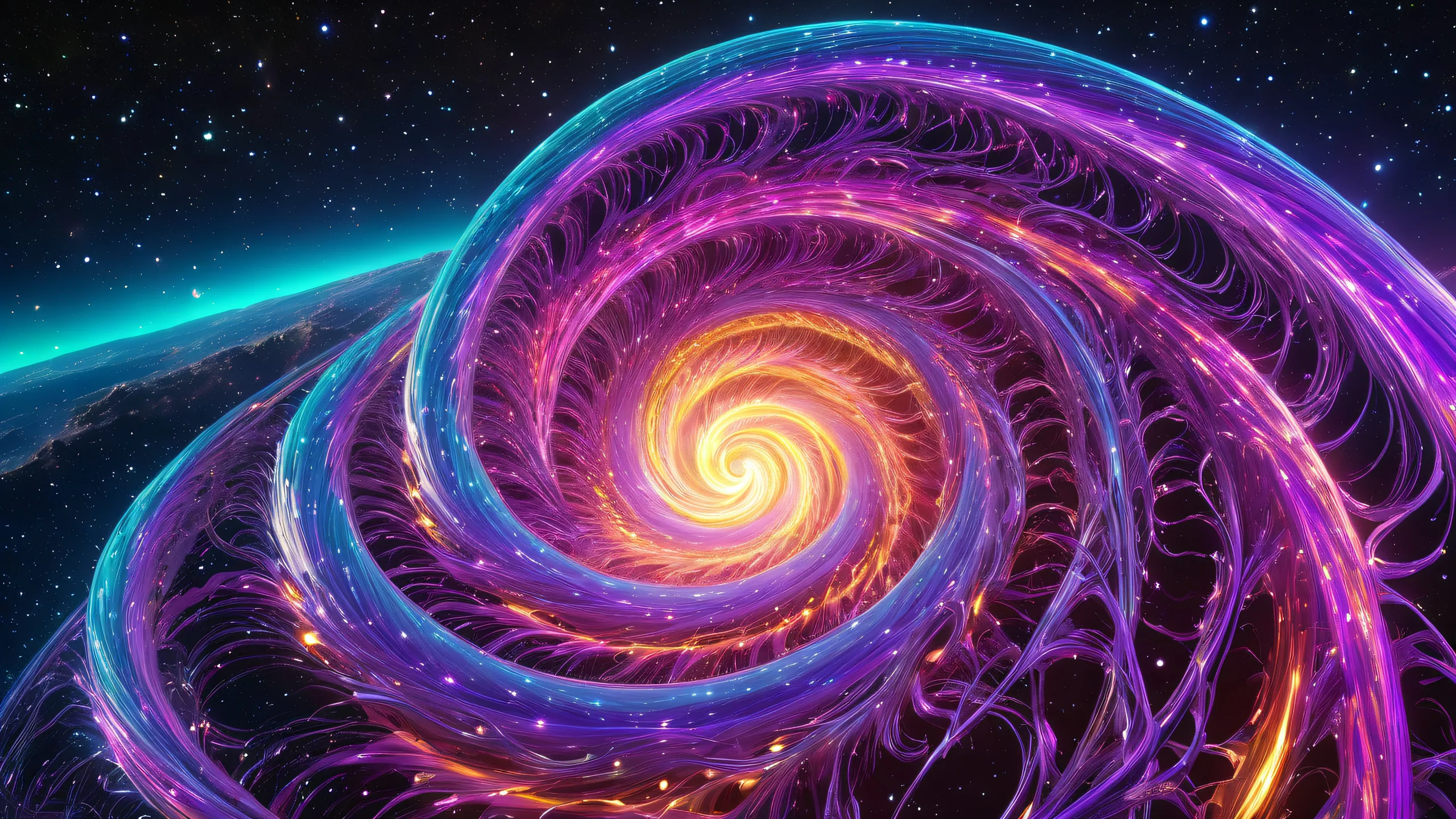 Cosmic DNA Odyssey 4K UHD Widescreen Mesmerizing desktop wallpaper of swirling tendrils and wispy fibers coiled around a central axis like a cosmic DNA helix, set against a dark starry night sky with nebulae and galaxies visible in the distance. Suitable for desktop/PC.