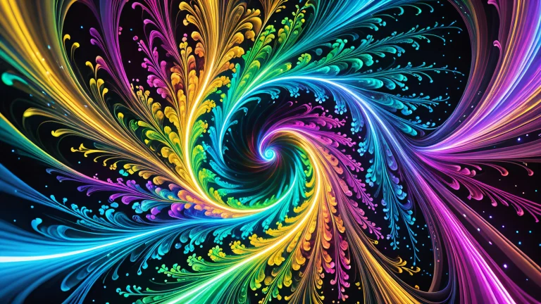 A mesmerizing desktop wallpaper featuring a swirling vortex of iridescent colors on a dark space, surrounded by luminescent particles. Suitable for Desktop/PC use.