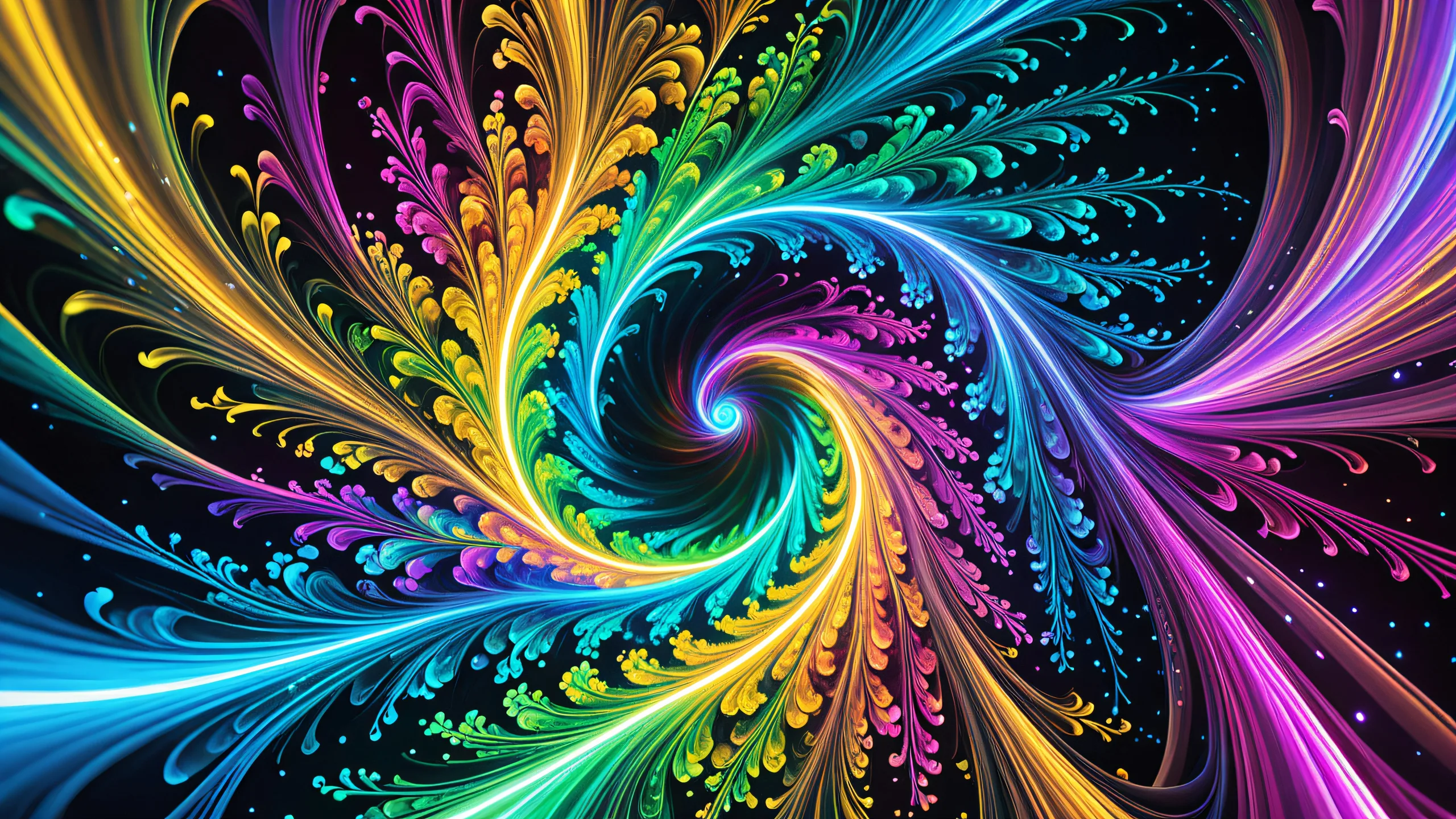 A mesmerizing desktop wallpaper featuring a swirling vortex of iridescent colors on a dark space, surrounded by luminescent particles. Suitable for Desktop/PC use.