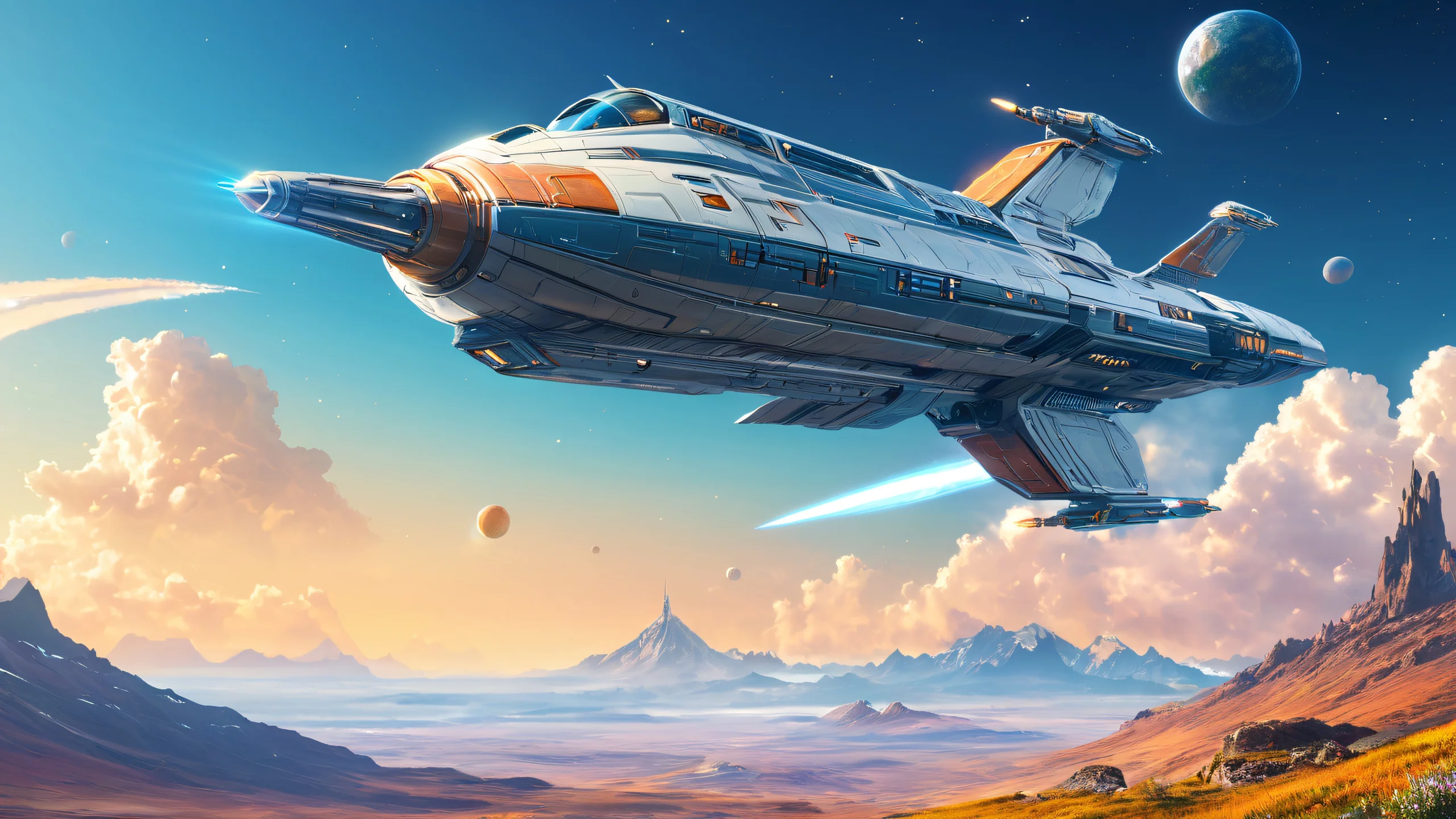 A stunning illustration of a spaceship hovering above a vast, starry landscape.