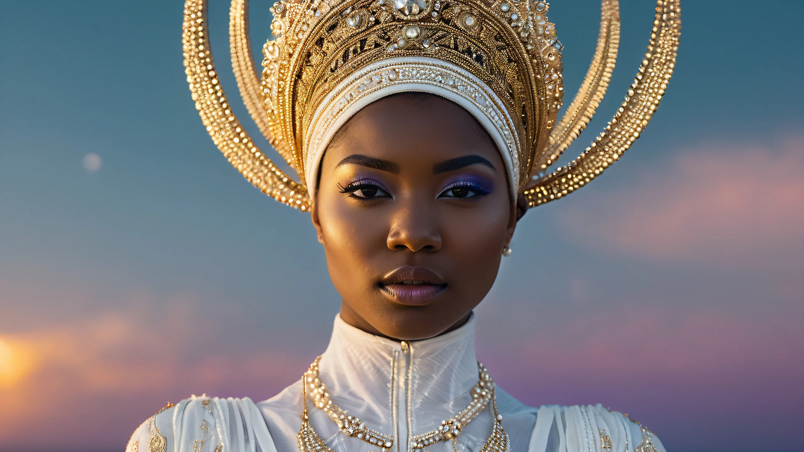 Stunning Cosmic Goddess Awakening Wallpaper A stunning female humanoid figure in an all-white dress with luxurious gold trim and planetary textures, set against a creamy bokeh background with geometric leading lines and negative space.