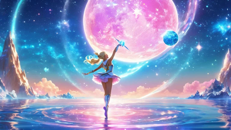 A breathtaking desktop wallpaper featuring the Inner Scouts of Sailor Guardians and celestial deities Uranus and Neptune in a dramatic showdown on the surface of Crystal, with stars, gas clouds, and nebulae as the backdrop. Desktop/PC.