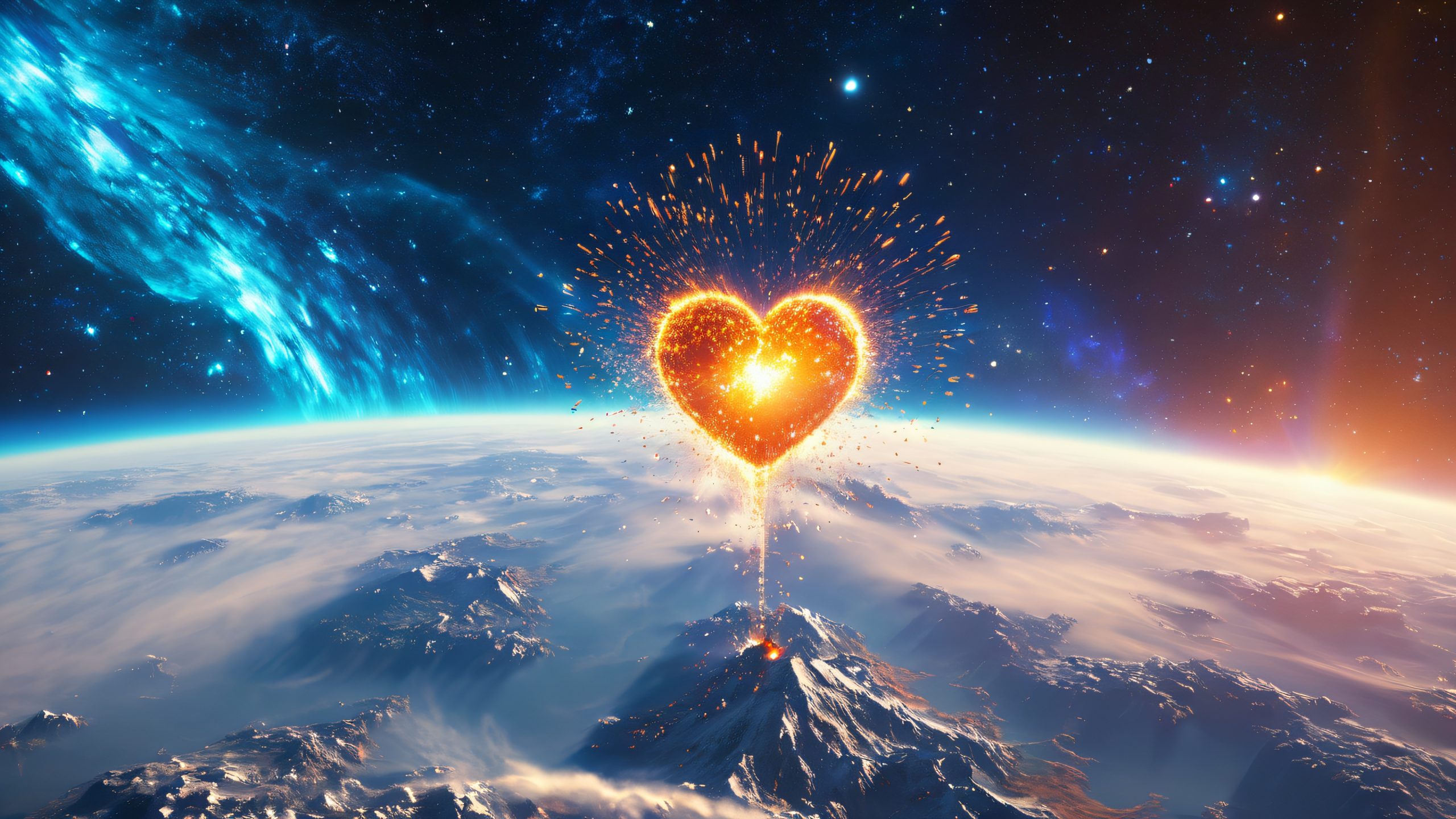 A lone astronaut with a glowing heart-shaped energy signature in deep space amidst cosmic rays and debris.
