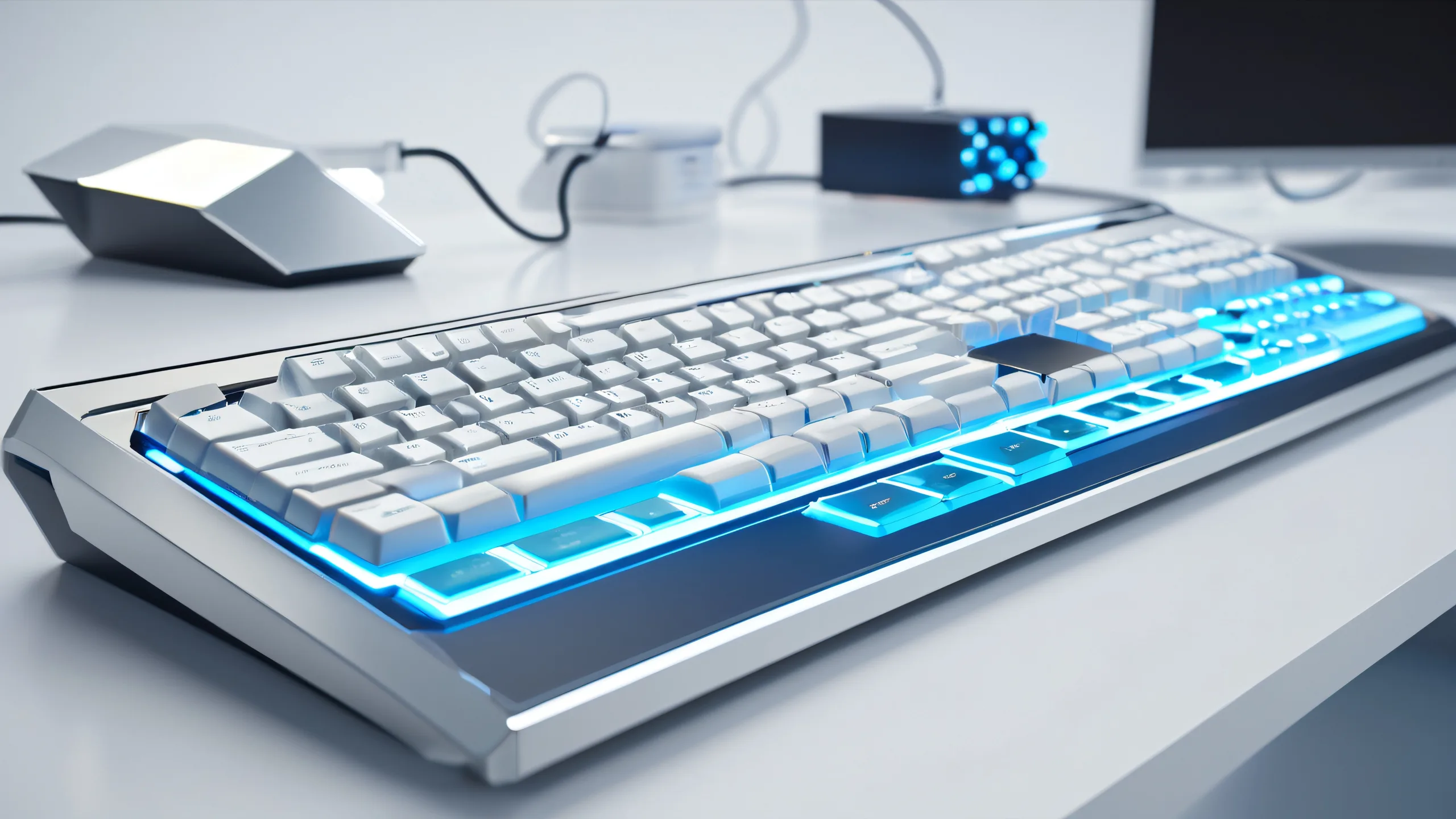 Desktop/PC background featuring a futuristic 3D modeling interface with interconnected nodes and wires, soft blue glow from keyboard keys.