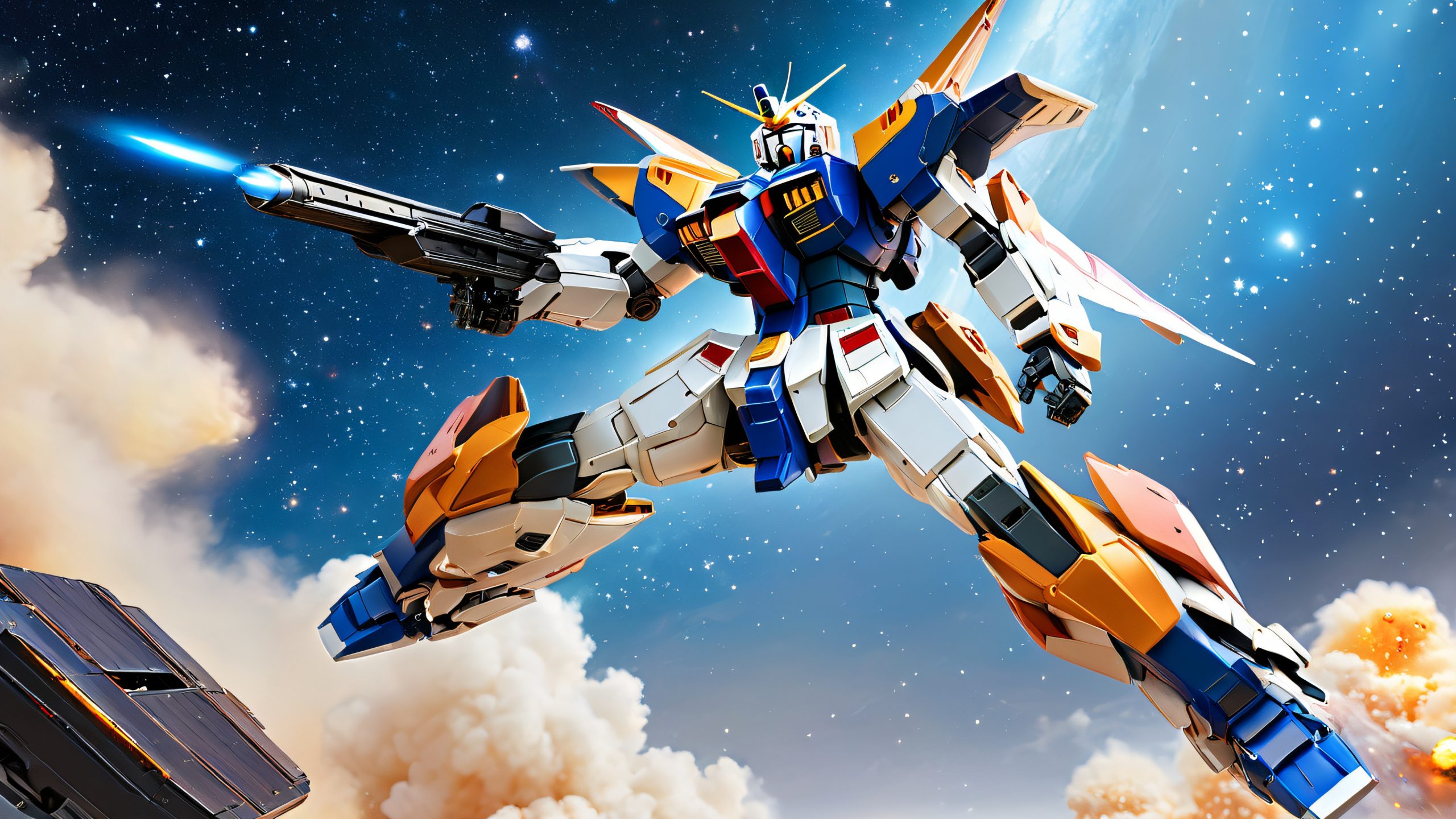 Epic Cosmic Mecha Ascension 4K Desktop Wallpaper A majestic Gundam-style mecha soars through the cosmos, reflecting starlight amidst a distant planetary conflict.