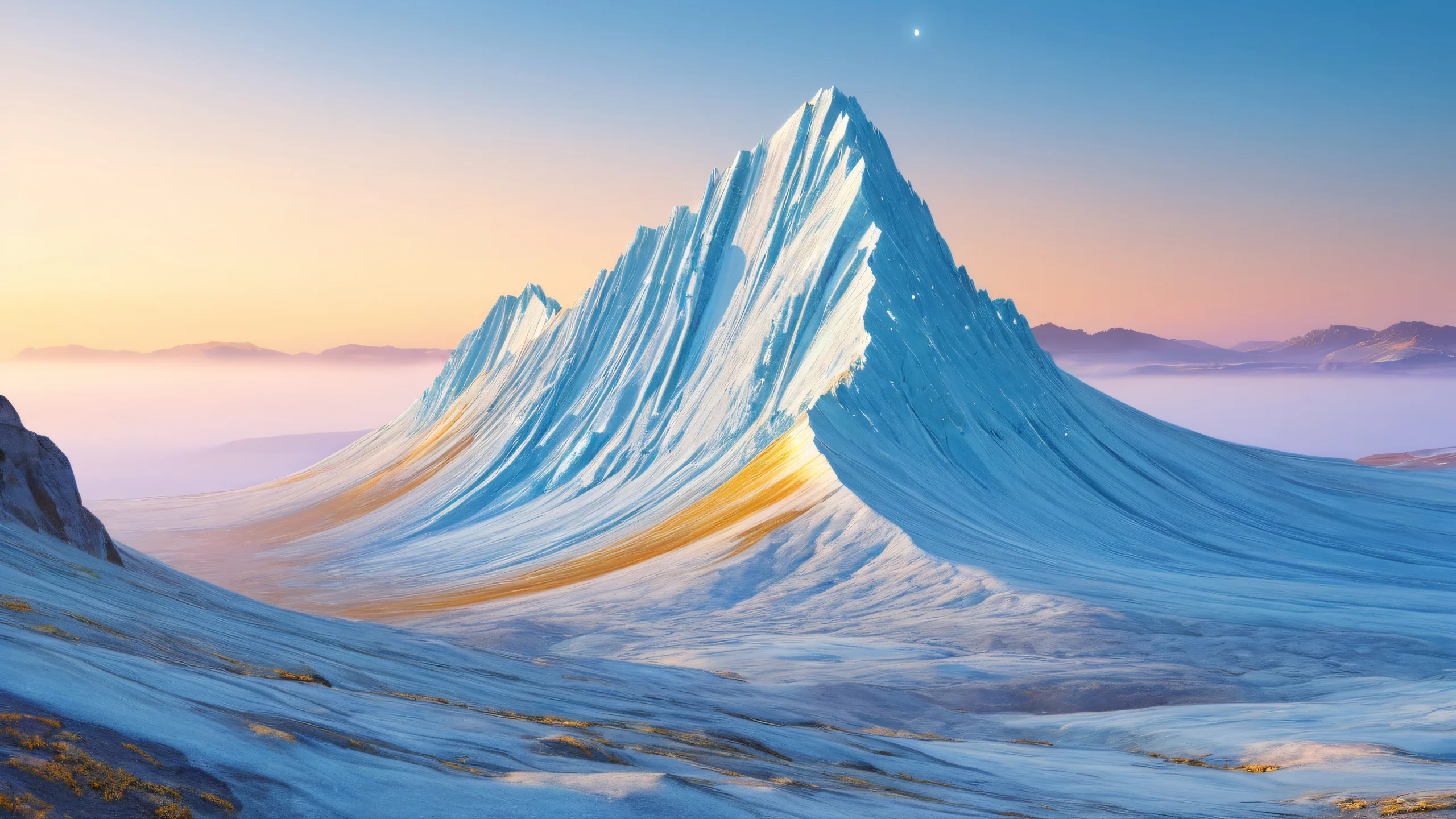 Cosmic Mountainscape Radiance Aesthetic PC Wallpaper A majestic eclogite with crystalline structure and misty valley for desktop/pc use.