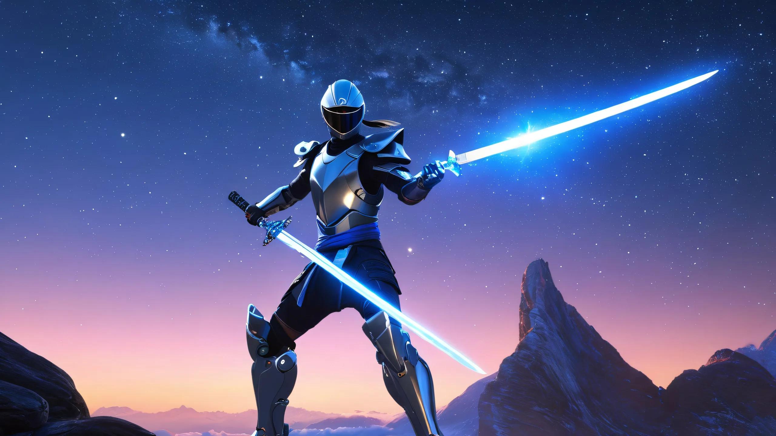 Ultra HD Cosmic Ninja Odyssey Wallpaper A cybernetic ninja wields a radiant sword against the backdrop of a dark, starry night sky. Desktop/PC wallpaper.