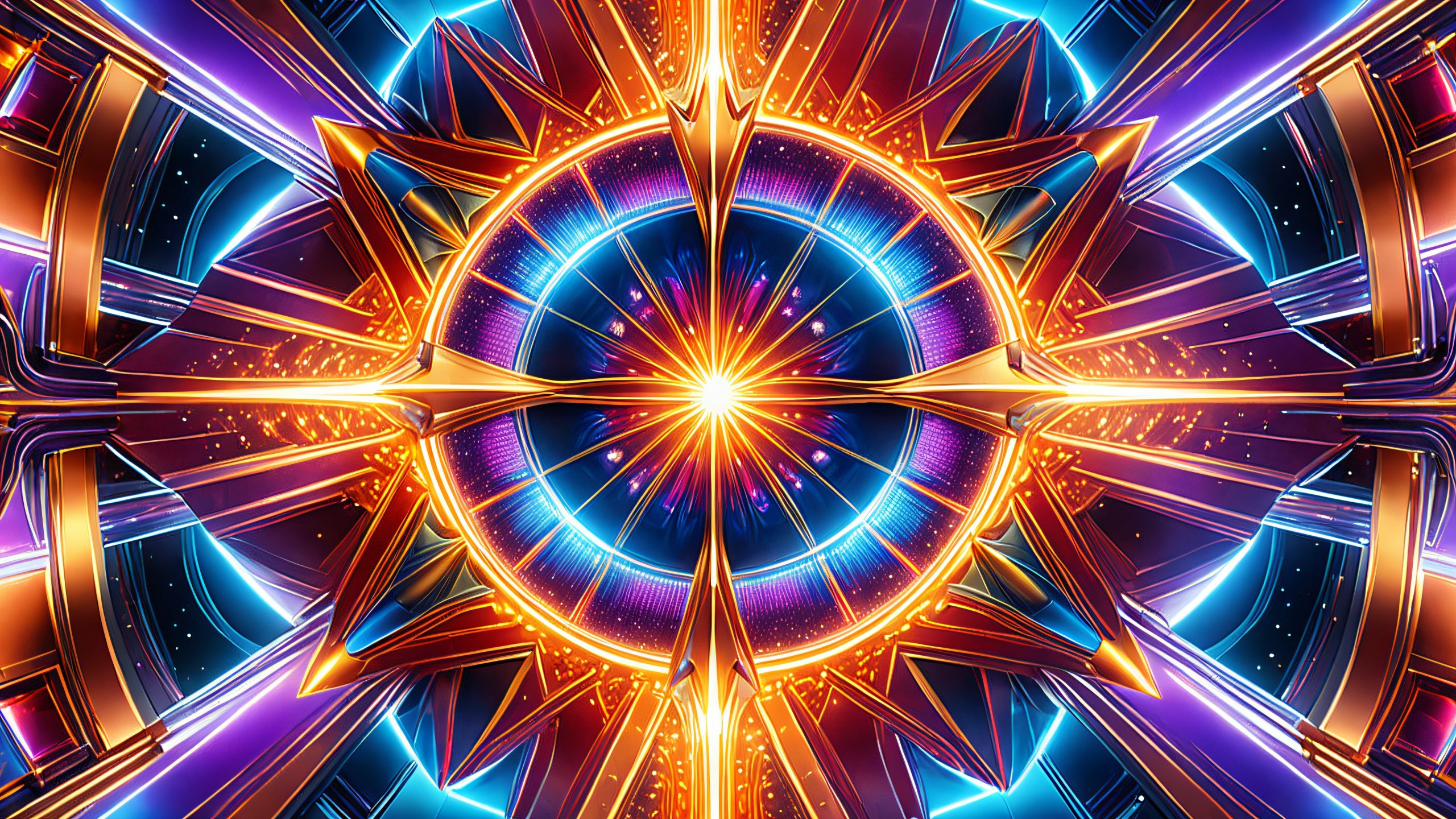 Aesthetic Cosmic Prism of Discovery Background Iridescent glass refracting light into kaleidoscopic patterns on a futuristic laboratory desktop/pc