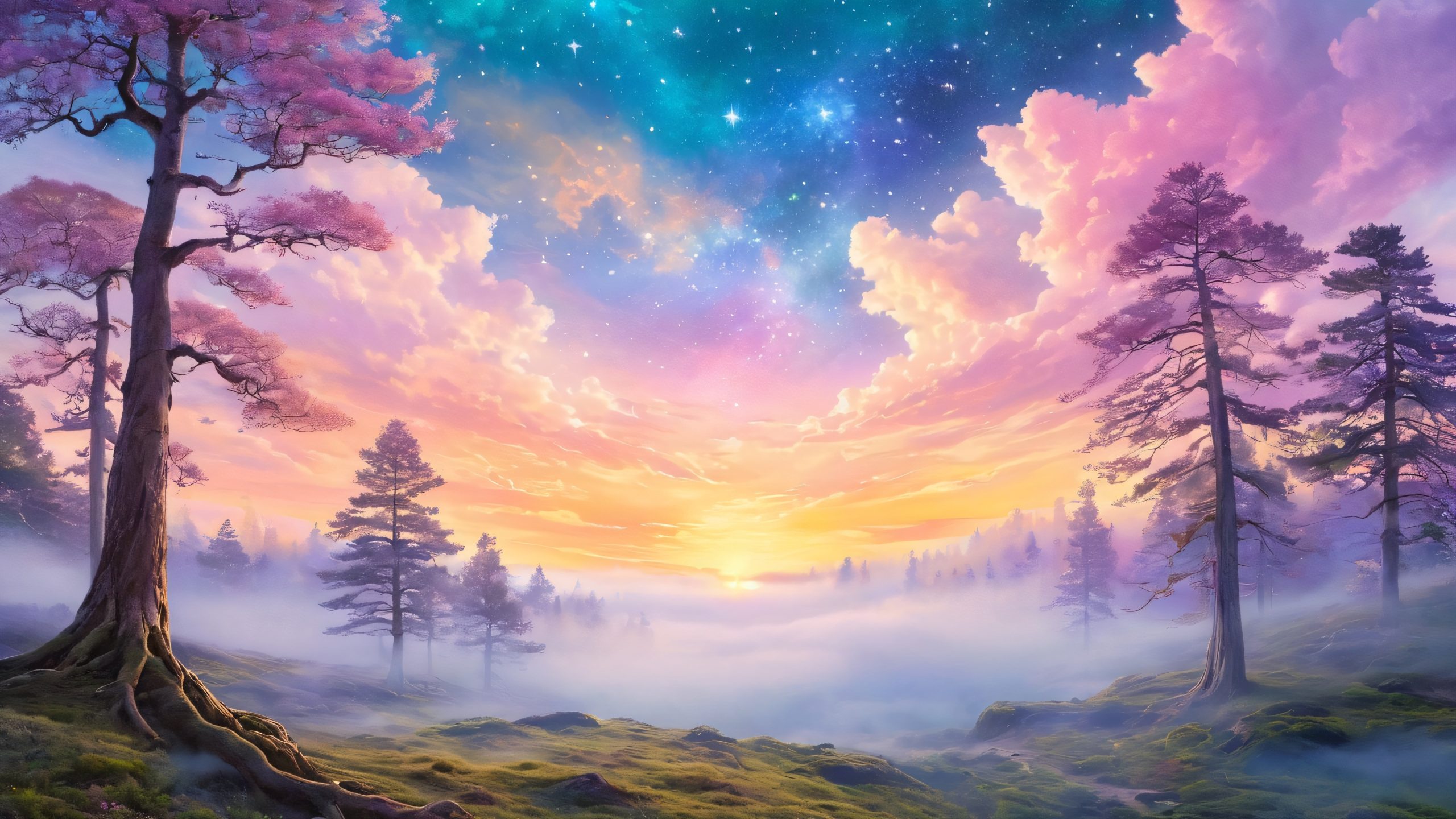 A group of brilliant minds from various eras and disciplines gathered around swirling clouds of mathematical equations and ancient scrolls, illuminated by the warm glow of dawn's first light on a desktop/pc