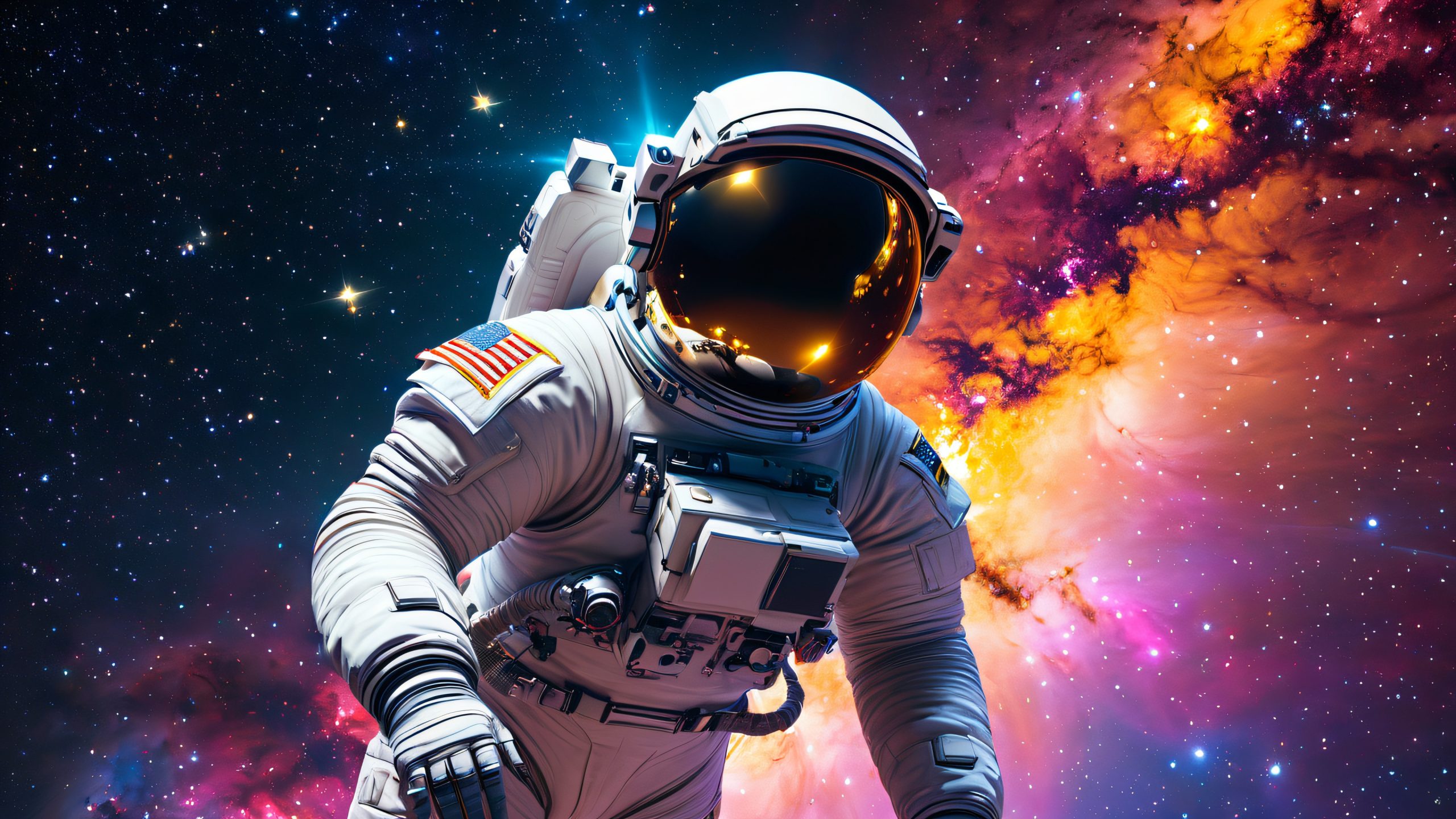 Astronaut floating in a starry void, surrounded by swirling galaxies and nebulae.