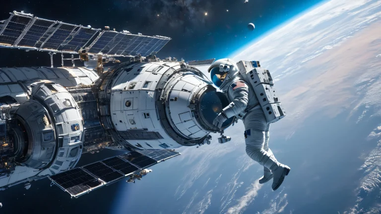 An astronaut in a dimly lit space station surrounded by blue and grey hues, with intricate details