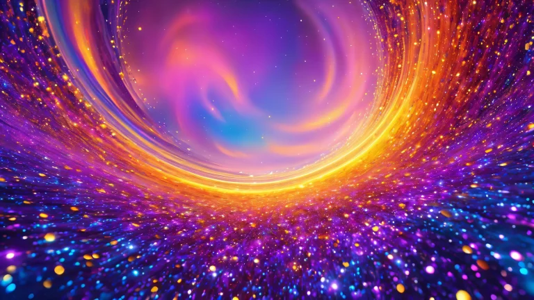 Desktop/PC wallpaper featuring swirling metallic patterns in vibrant colors and misty voids with distant light sources.