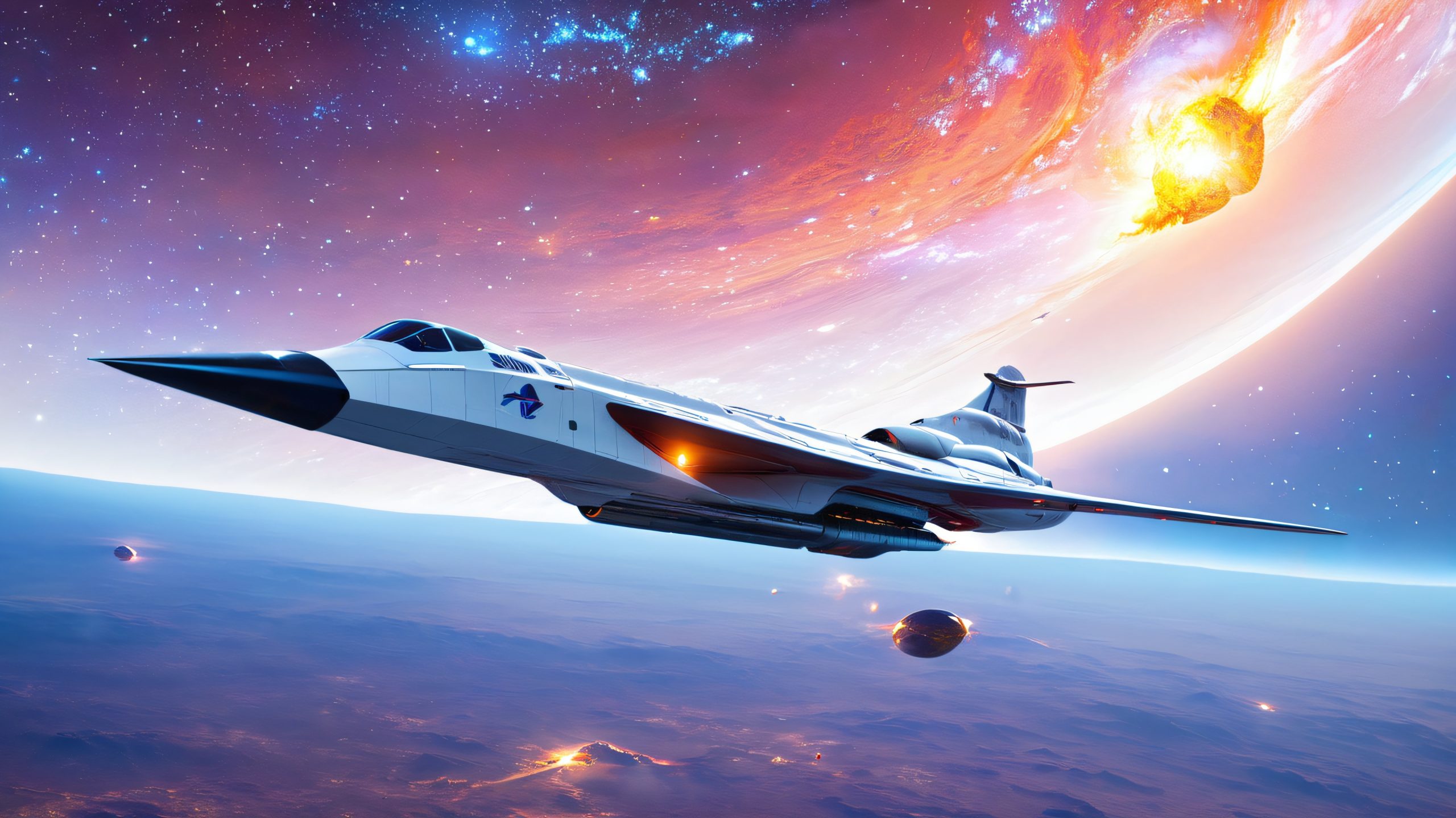 Ultra HD Cosmic Vortex Encounter Wallpaper A futuristic spaceship emerges from a swirling vortex of stardust and cosmic debris on a deep space background with stars, gas clouds, and distant planets.