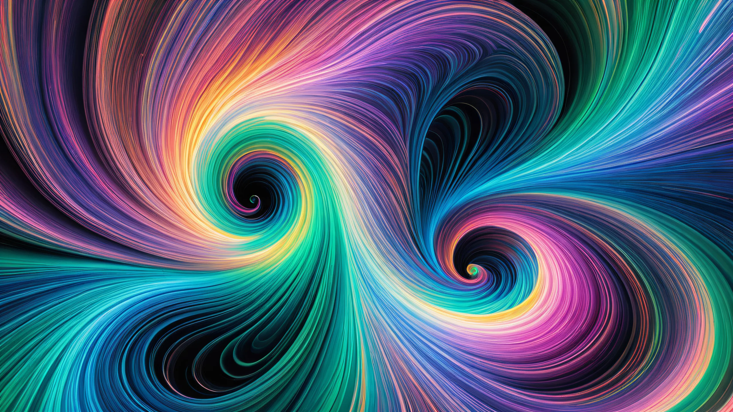 4K Cosmic Vortex Eruption Wallpaper for PC/MacPCまたはデスクトップに最適 A mesmerizing 4K desktop wallpaper of a swirling vortex of iridescent colors on a dark background with delicate filaments and star-like specks, perfect for PC or Desktop.