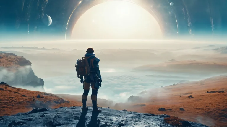 Desktop/PC wallpaper featuring video game men on a planet with fog and planetary rings, moody and dramatic.