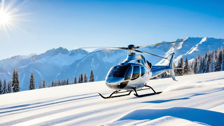 A desktop wallpaper featuring an Airbus H155 helicopter gently descending onto a snow-covered runway at Courchevel, with mountains and pine trees in the background. For use on Desktop/PC.