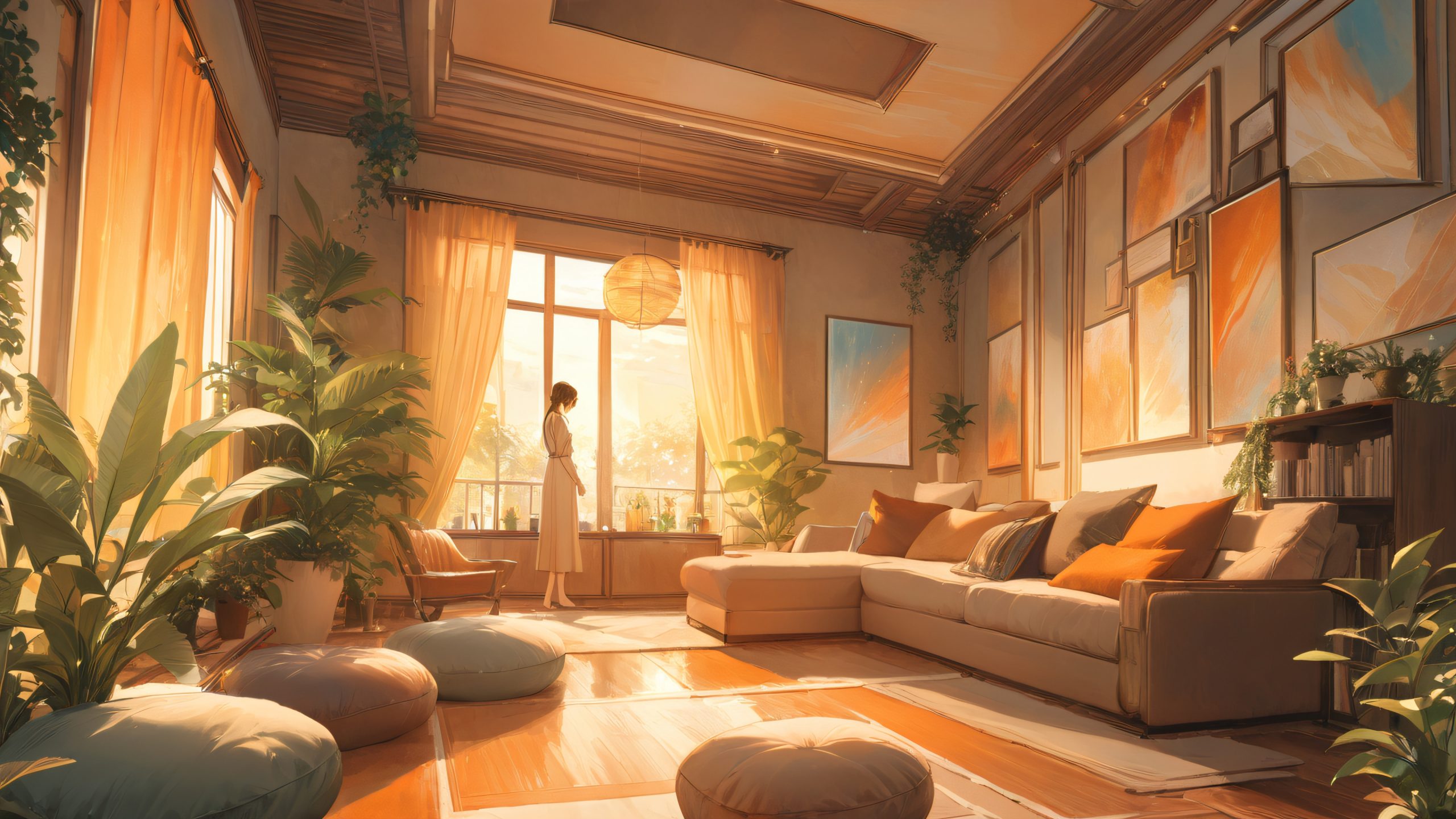 Stunning Cozy Afternoon Retreat 4K Wallpaper Serene living room with plush armchair, journals, and vinyl record player.