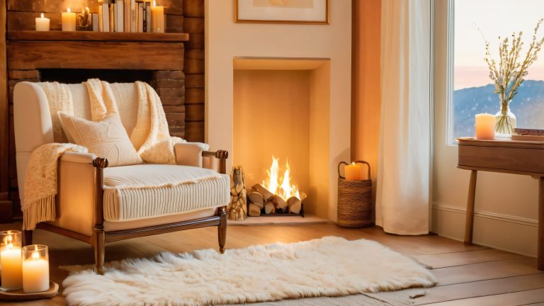 cozy armchair fireplace 4k desktop wallpaper scaled