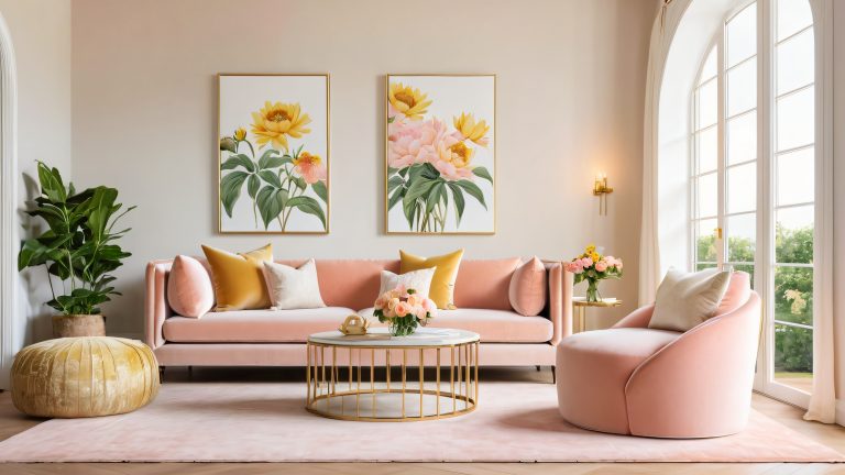 cozy armchair wallpaper soft pink velvet fresh flowers 4k resolution scaled