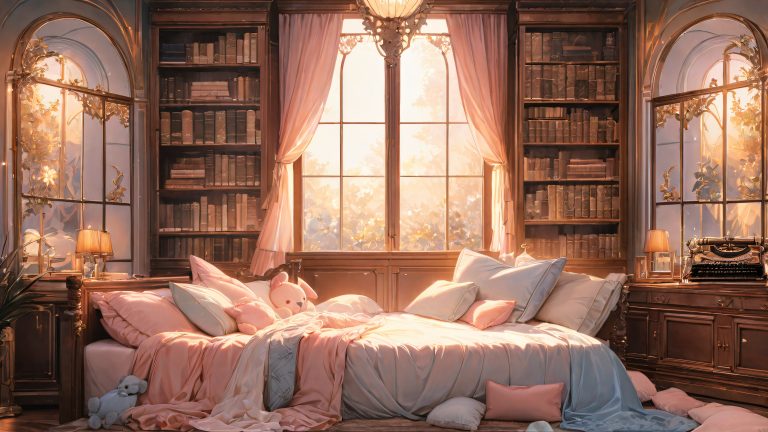 cozy bedside sanctuary wallpaper pale pink baby blue comforter scaled