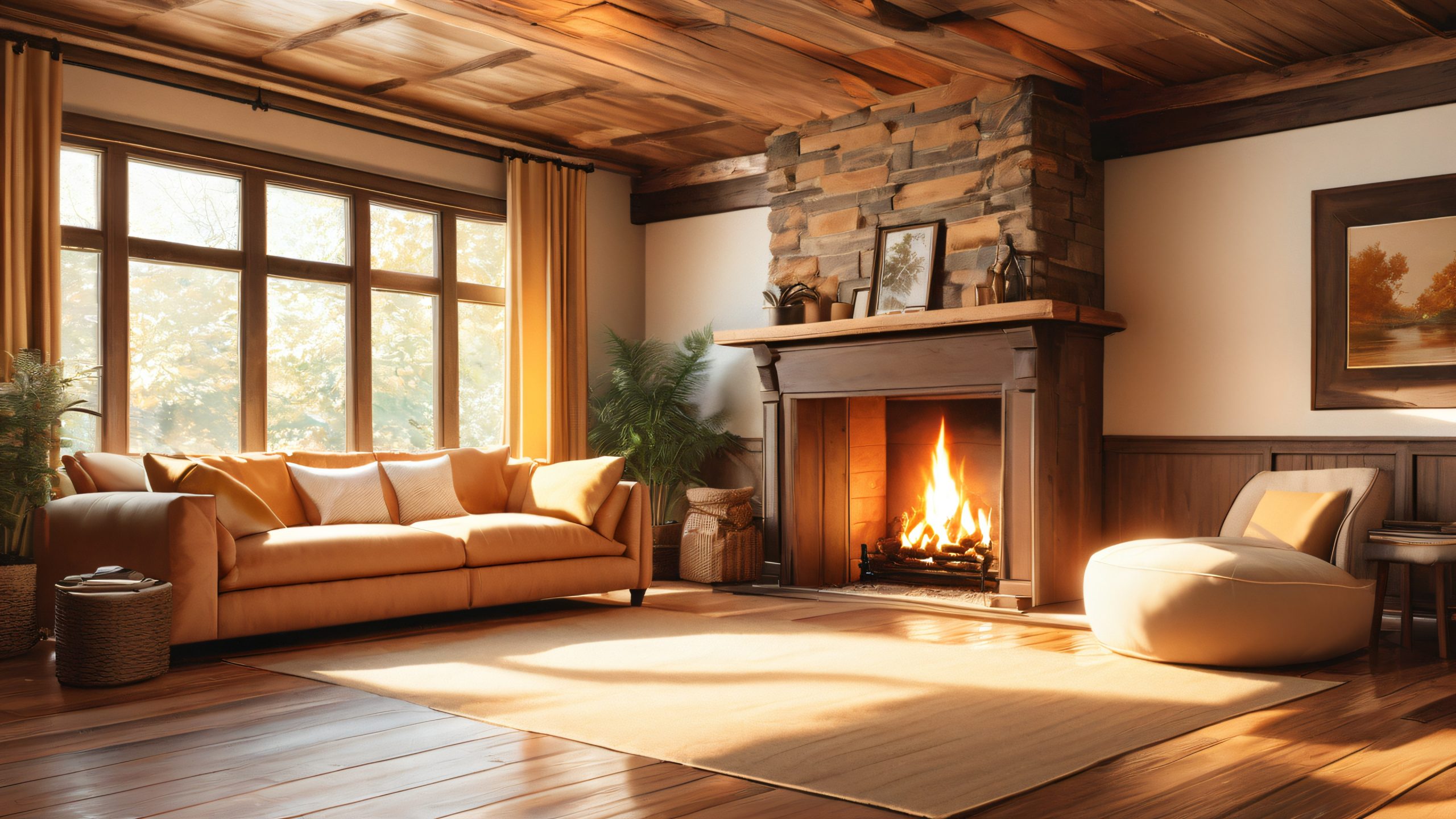 Cozy Fireplace Retreat 4K Desktop Wallpaper A plush armchair surrounded by a warm living room with crackling fireplace, soft throw blankets, and rustic wood accents.