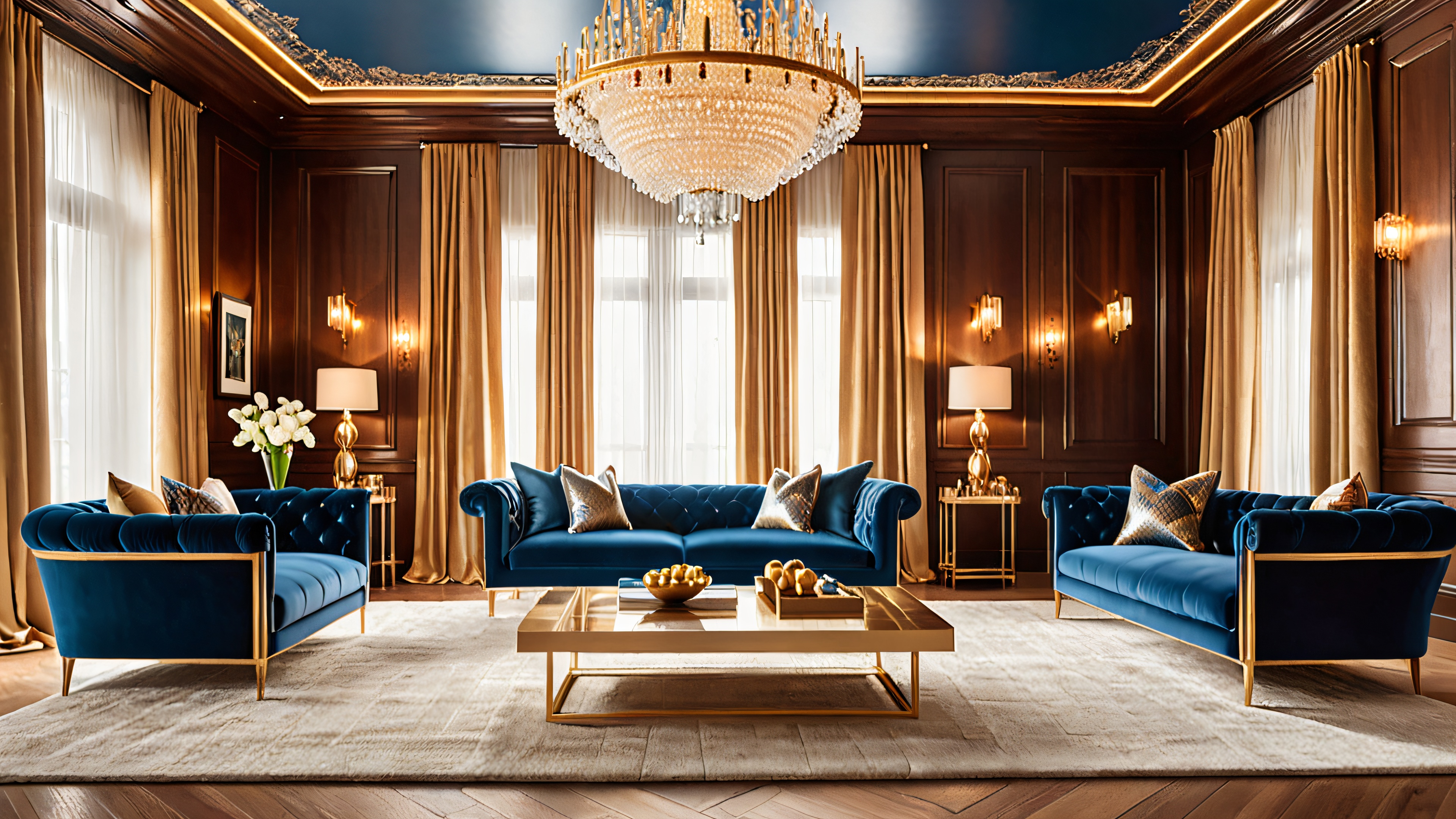 A warm and inviting lounge with intricate textures, soft lighting, and metallic accents, featuring plush furniture and rich wood paneling.