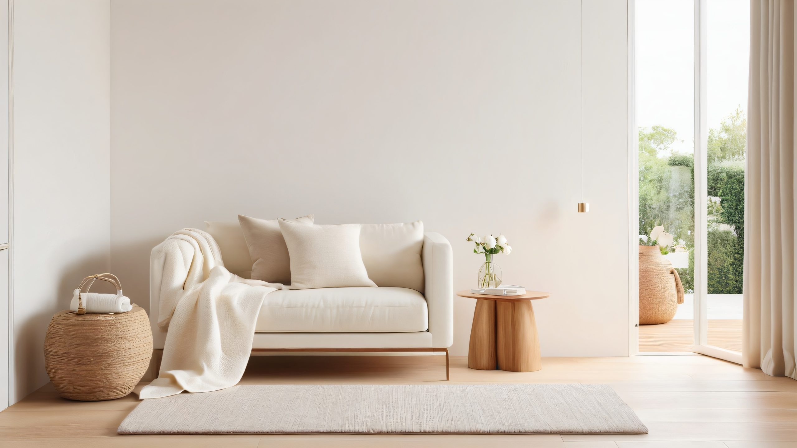A serene, minimalist living space with a plush chair, cabinet, and decorative items, featuring warm, natural light and a sense of tranquility.