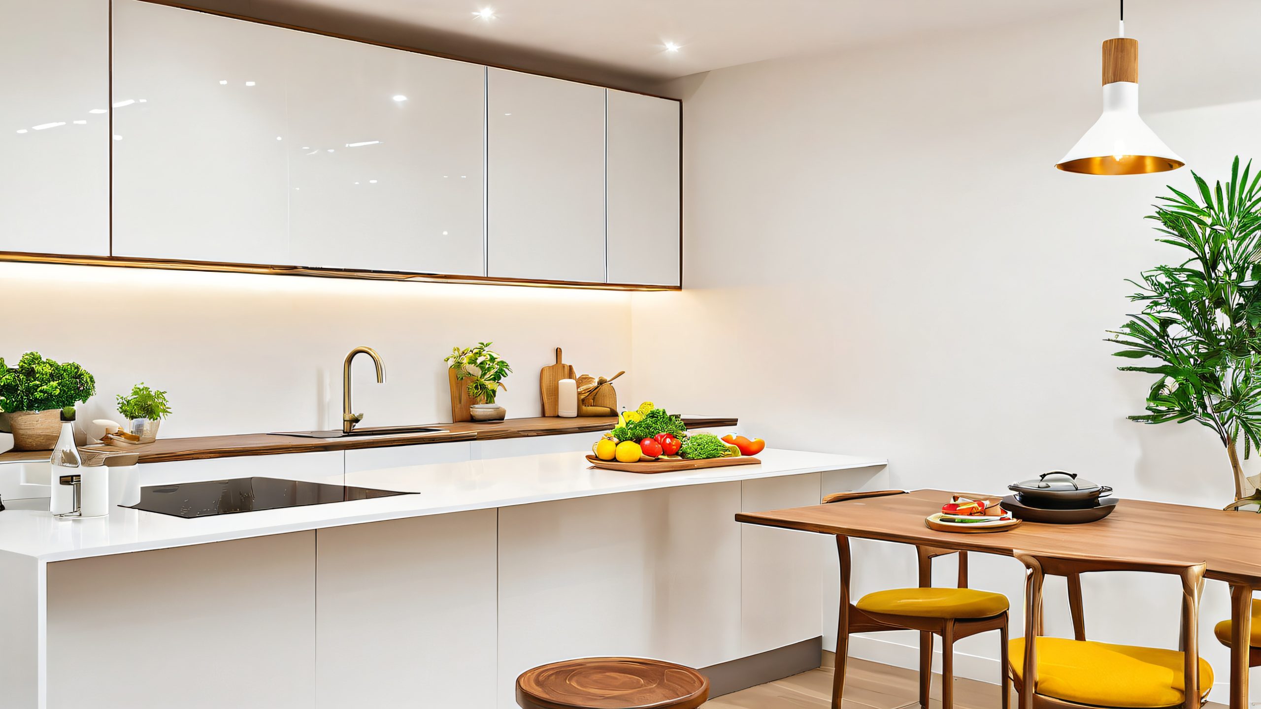 Ultra HD Cozy Open Plan Kitchen Wallpaper A beautifully designed kitchen with wooden island, tableware, and appliances.