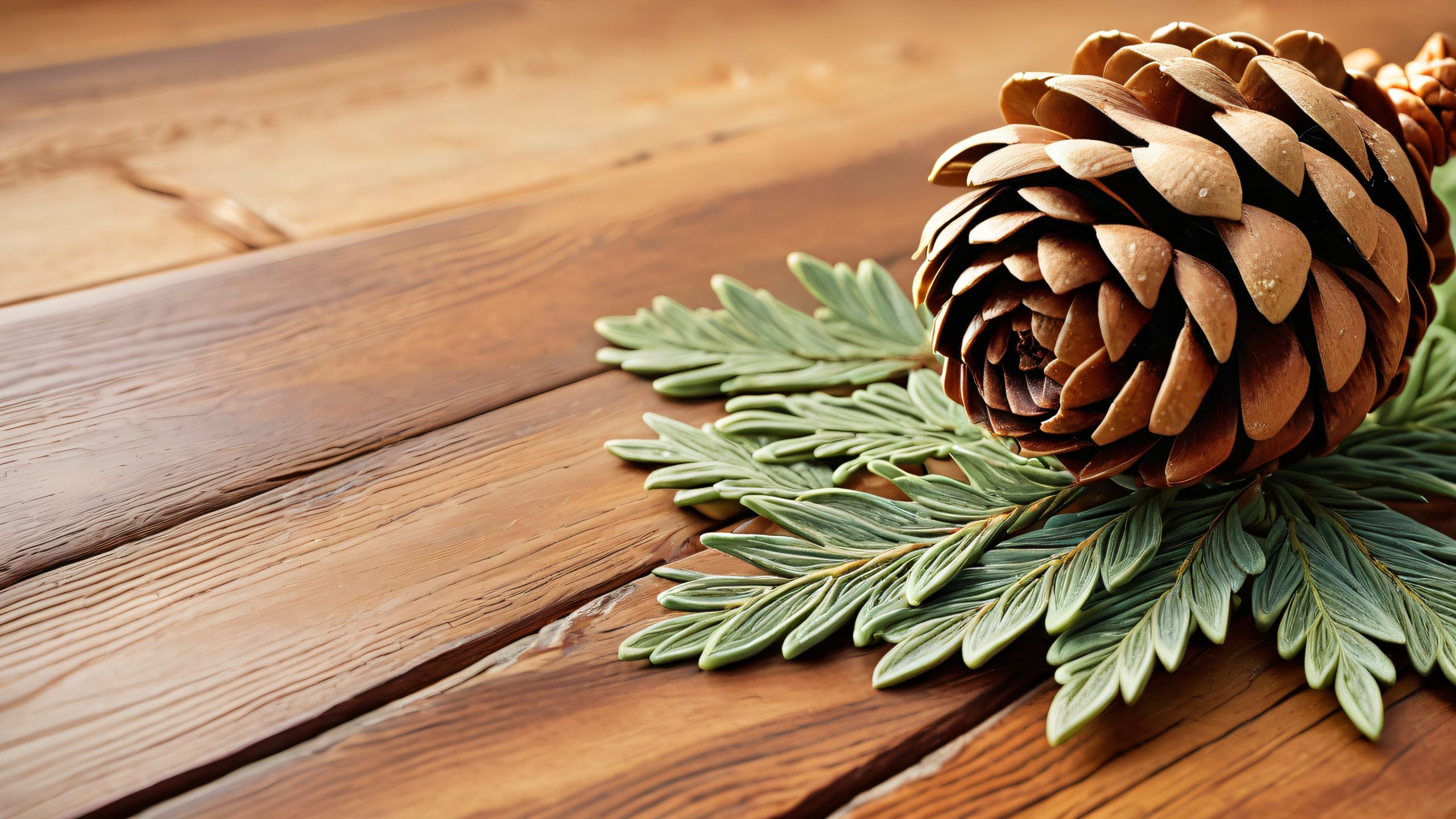 Aesthetic Cozy Pine Cone Sanctuary Background A meticulously crafted pine cone on a wooden table with intricate carvings, set against a warm beige background and plush area rug, perfect for a desktop/pc.