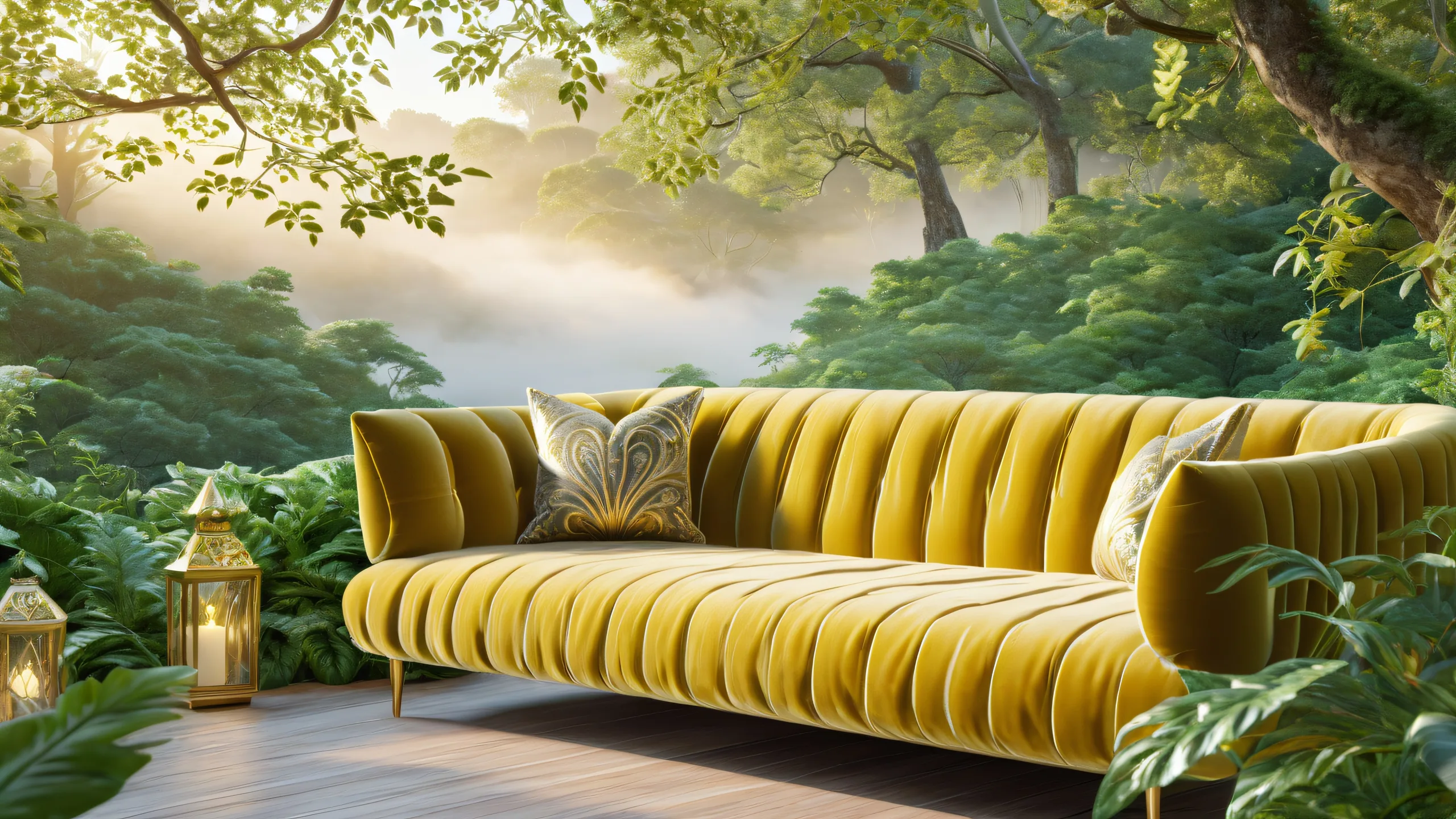 4K Cozy Silver Sofa Haven Wallpaper for PC/Mac A plush sofa with intricate embroidery amidst lush greenery on a desktop or PC.