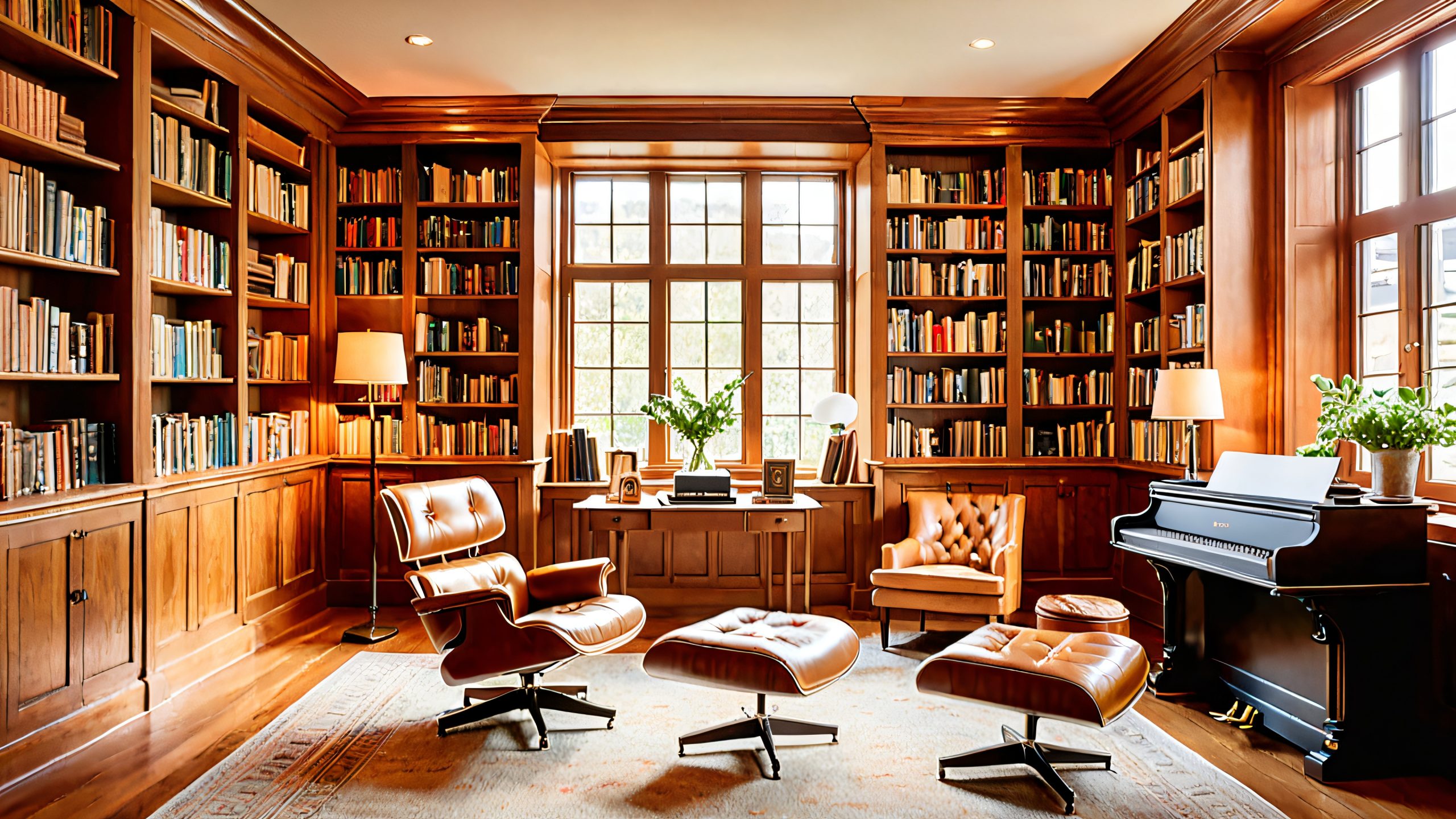 A warm and inviting study room with plush carpets, worn wooden bookshelves, and a vintage desk with a retro-style lamp, surrounded by scattered notes, textbooks, and vinyl records.