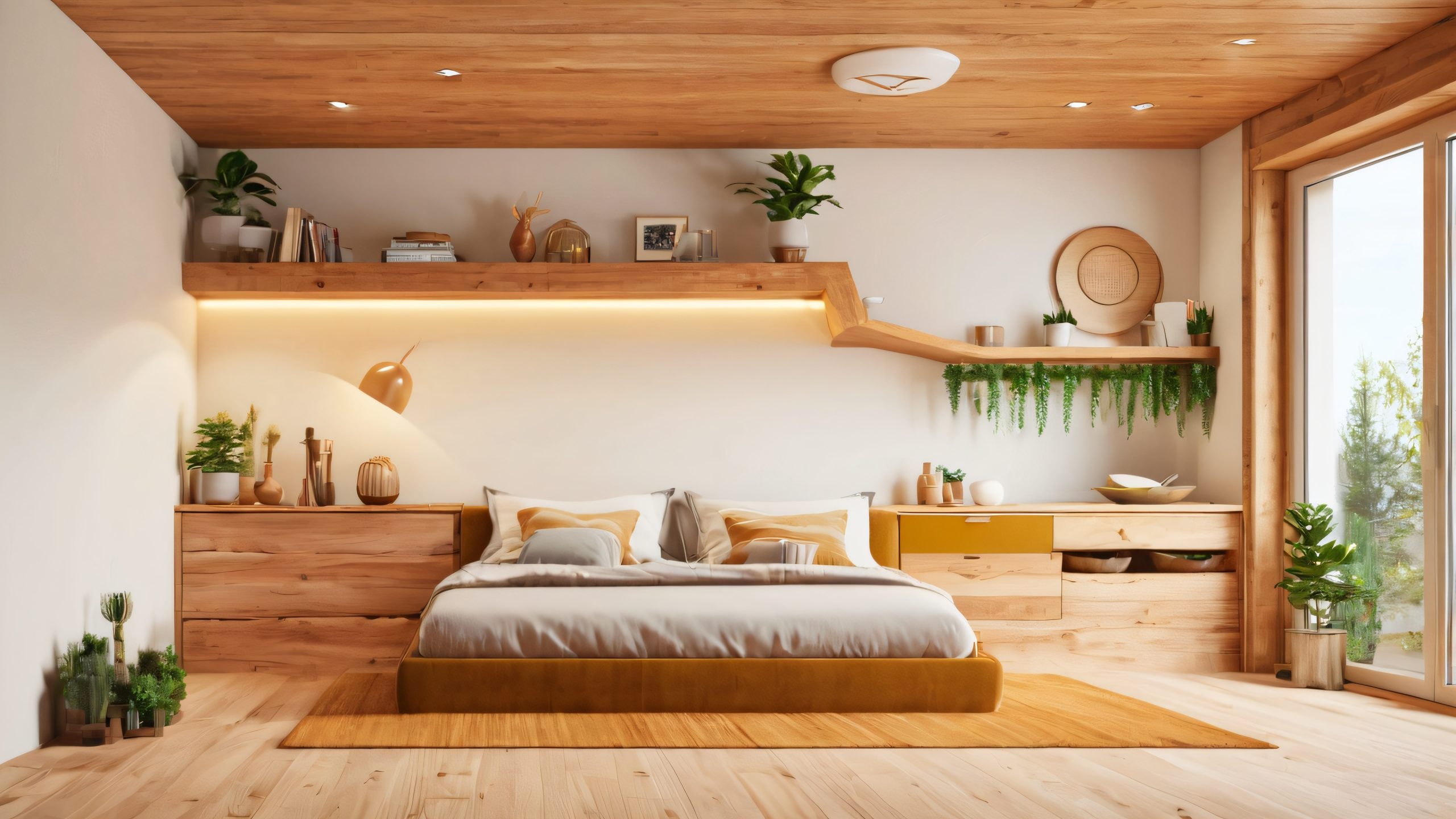 Cozy Tiny Home Oasis 4K UHD Wallpaper A warm and inviting cozy tiny home desktop wallpaper for PC or laptop, featuring a modern rustic interior with soft lighting and earthy tones.