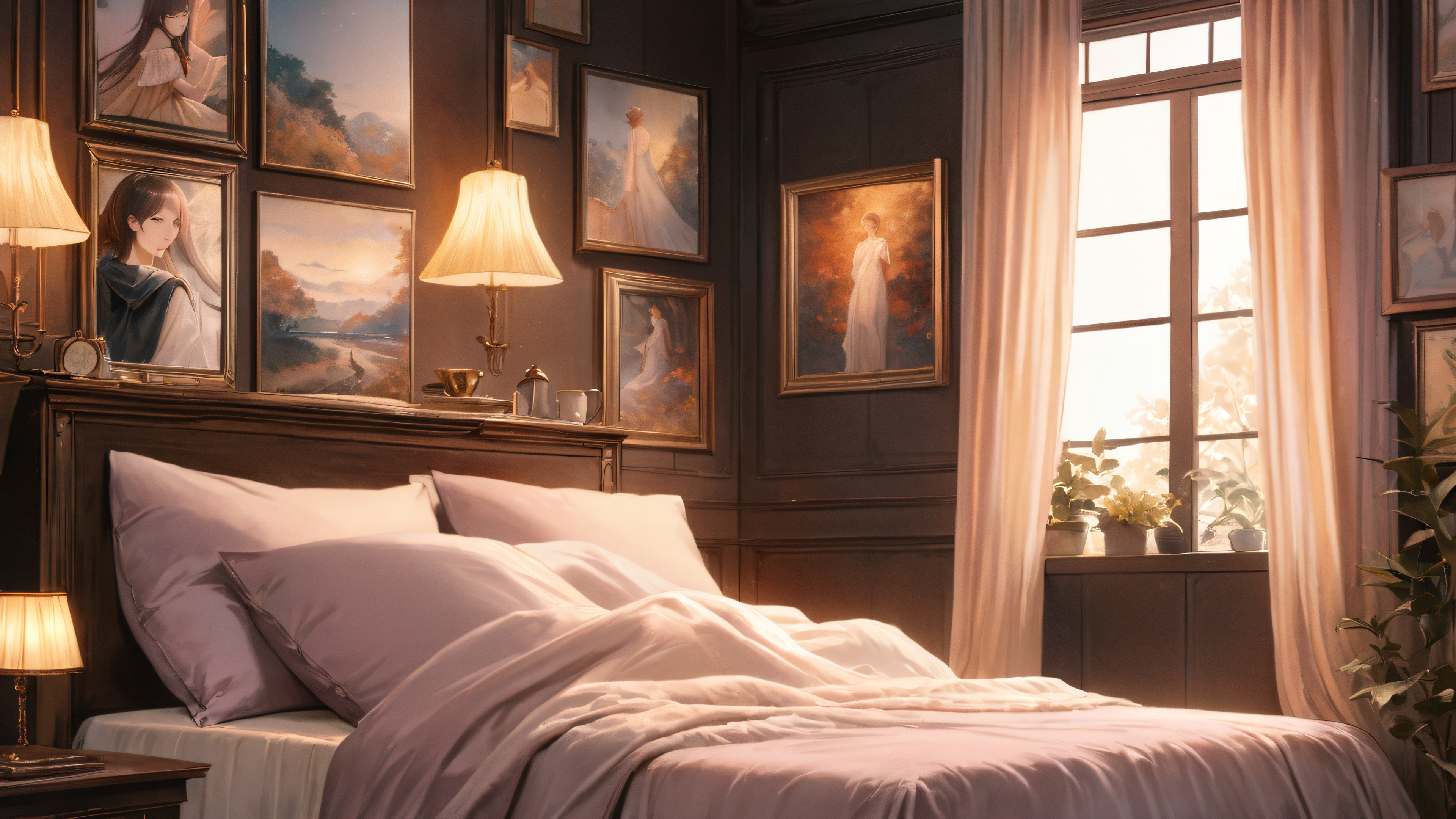 A serene and inviting 4K desktop wallpaper featuring a plush velvet bed with books, hot cocoa, and vintage decor.