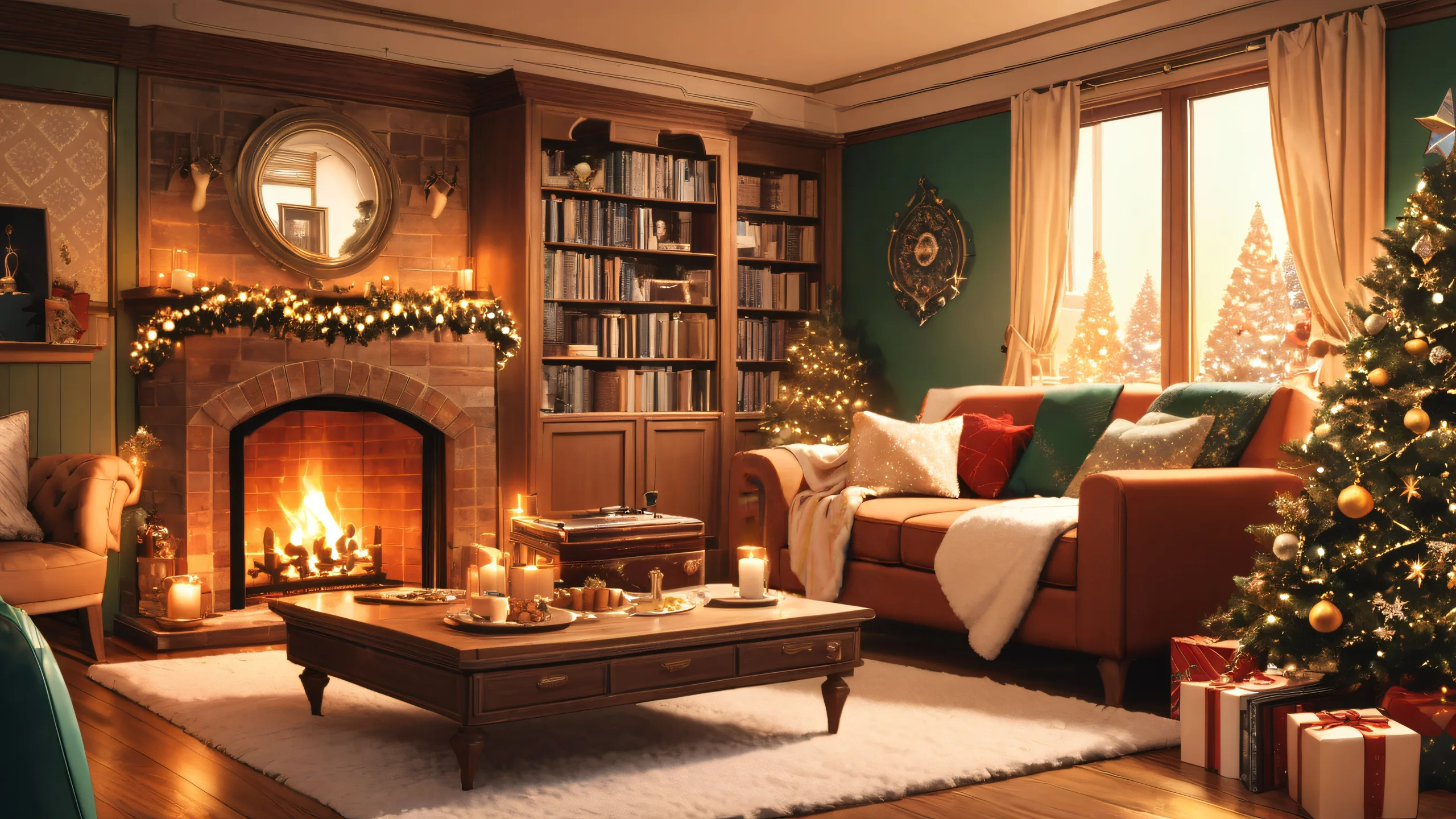 Cozy Vinyl Haven 4K Desktop Wallpaper A cozy living room with a vinyl record player, festive decorations, and a crackling fireplace on a desktop or PC.