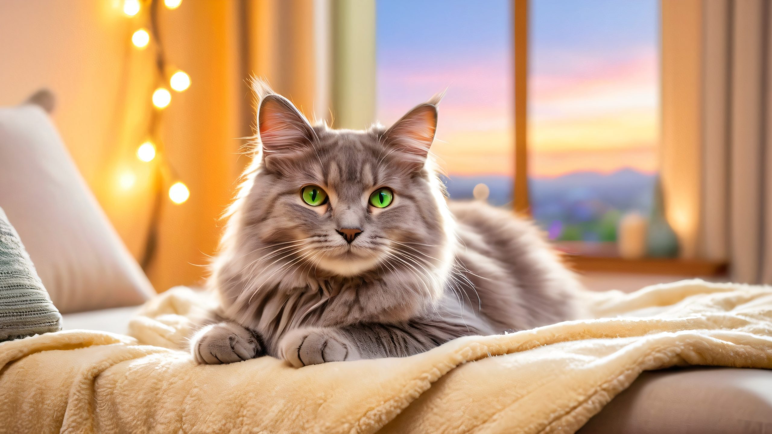 A serene desktop wallpaper featuring a fluffy grey cat snuggled up with a friend in a warm golden glow, amidst a cozy living room with plush furniture and cat toys, suitable for a Desktop/PC