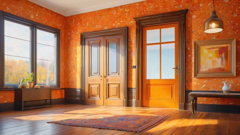 A painter's studio door with geometric shapes and abstract patterns against a rich wood grain backdrop. Desktop/PC.