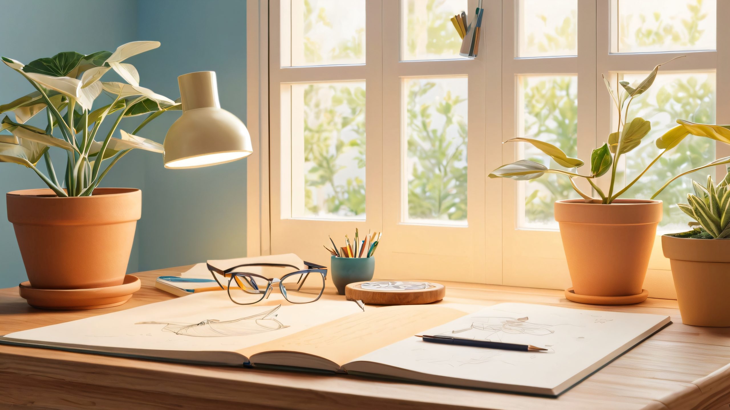 A gentle individual reviews their artistic progress in a cozy home office with wooden furniture and bookshelves, perfect for a desktop/PC background.