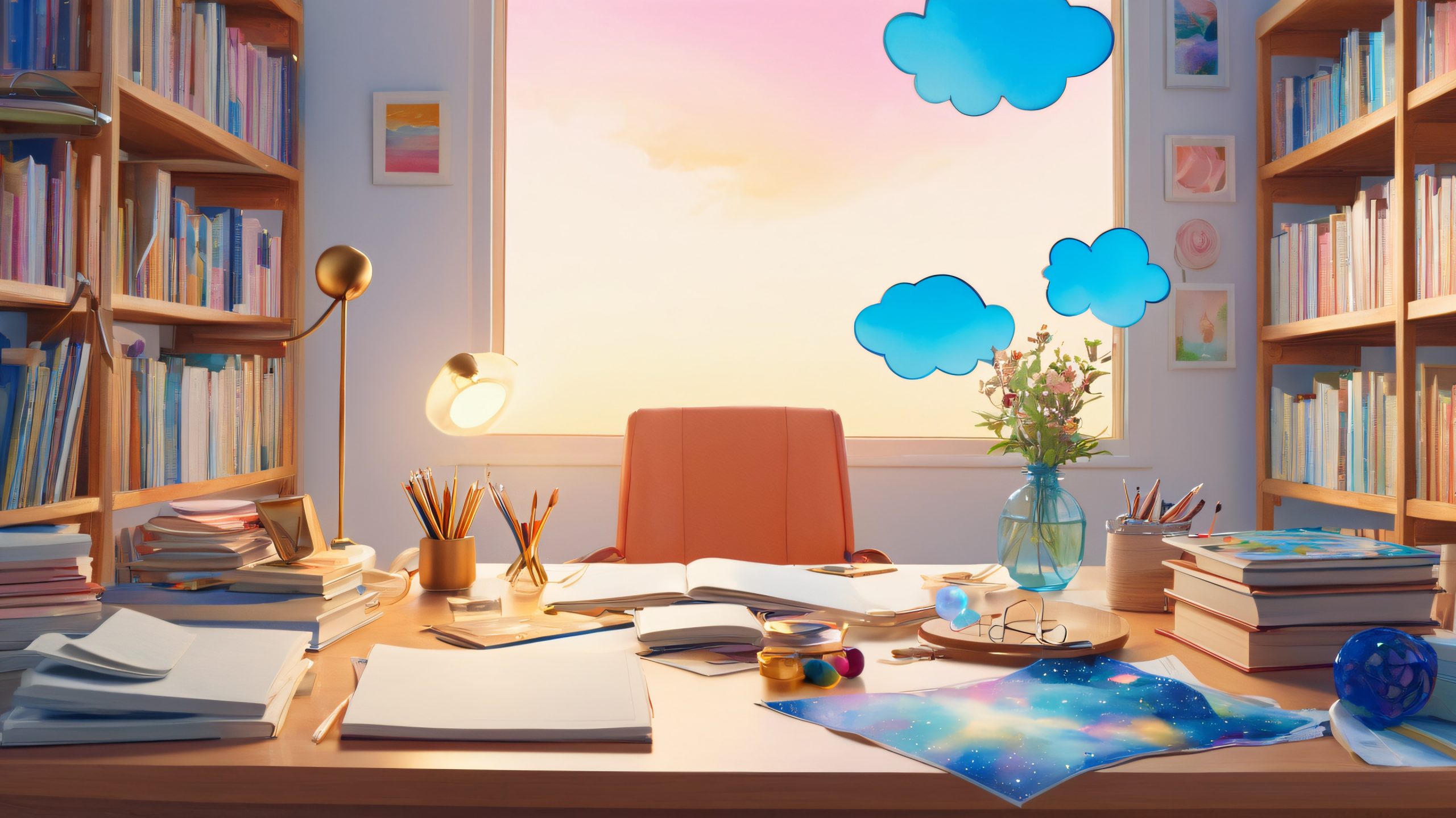 Creative Whispers in Twilight 4K Desktop Wallpaper Whimsical illustration of a bespectacled individual with thought bubble on desktop/PC, reflecting creativity and introspection.