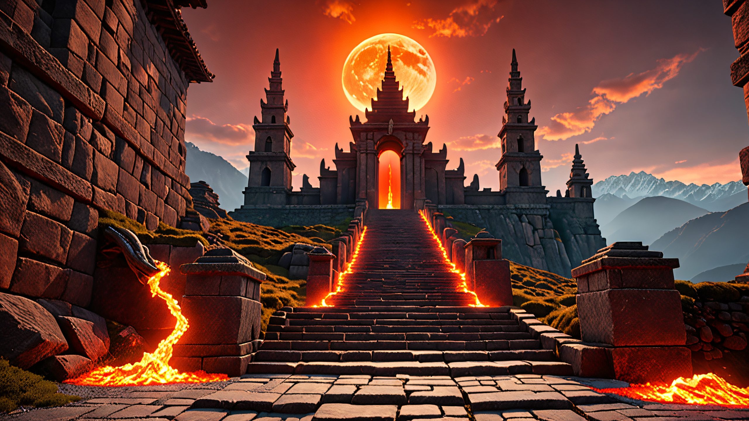 A majestic Red aura Capra ascends ancient stairs in Offline Mode, NG+2, surrounded by crumbling castle walls and supernatural light.