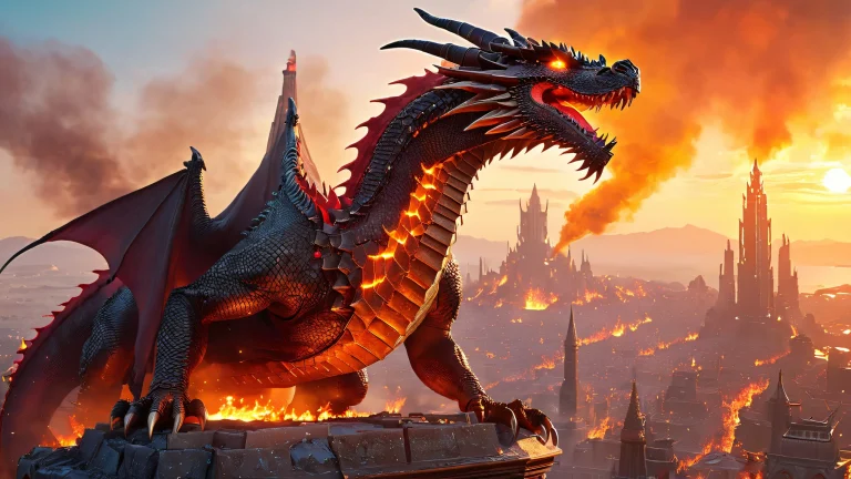 Mighty dragon lord standing atop ruined cityscape on desktop or PC, with mystical runes and gemstones. Post-apocalyptic metropolis in background.