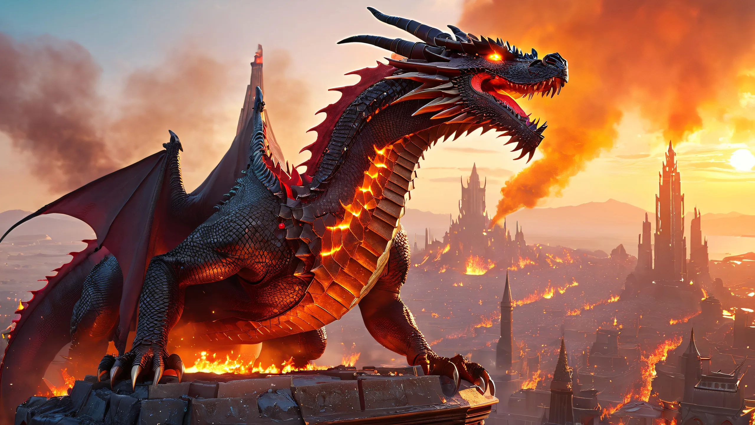 Mighty dragon lord standing atop ruined cityscape on desktop or PC, with mystical runes and gemstones. Post-apocalyptic metropolis in background.