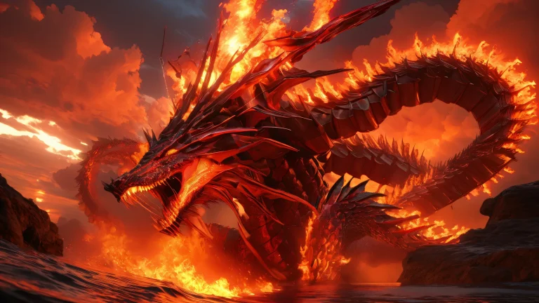 Majestic Mahoraga dragon emerging from mystical vortex on a dark and stormy night sky with desktop/pc