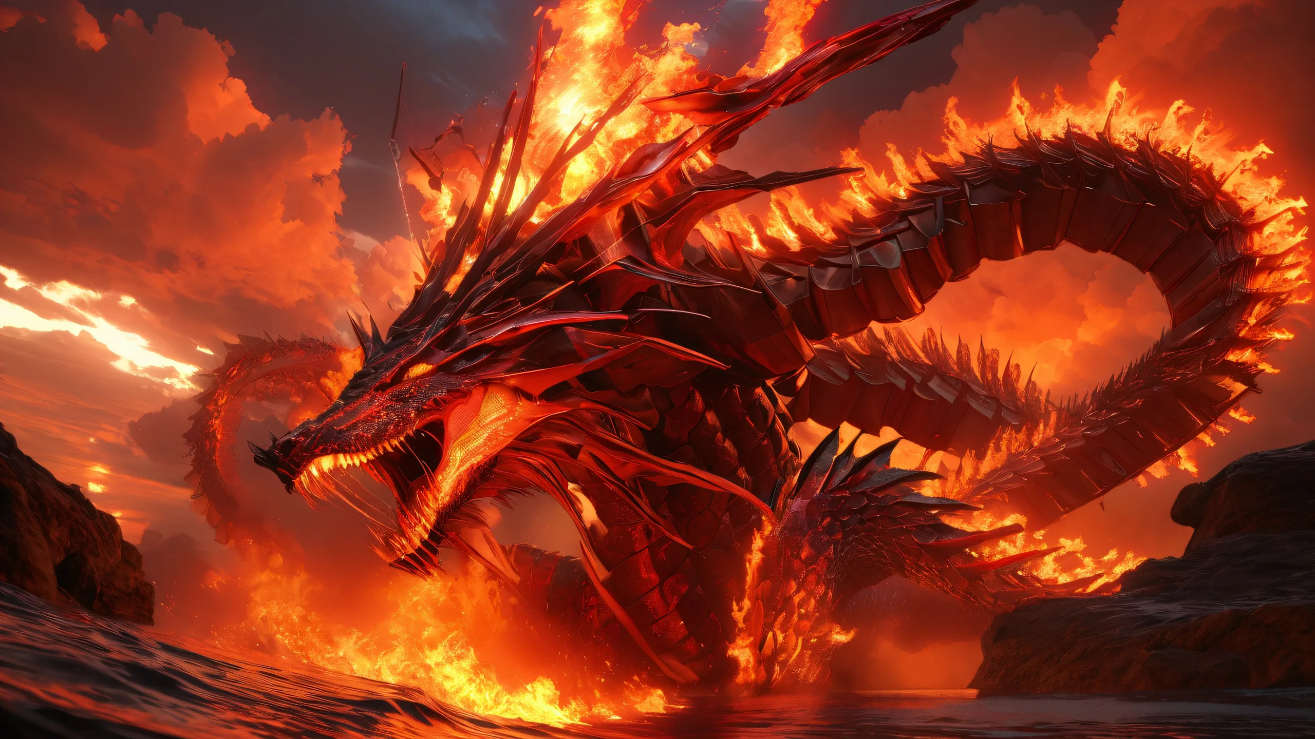 Majestic Mahoraga dragon emerging from mystical vortex on a dark and stormy night sky with desktop/pc