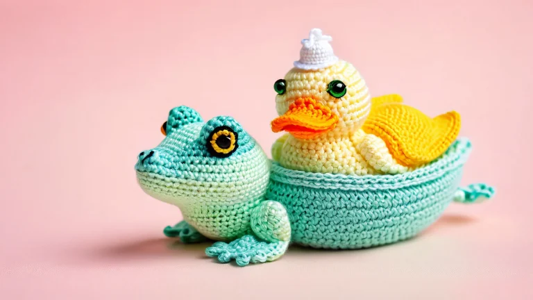 A 4K desktop wallpaper featuring a crocheted frog and duck sitting on a ship in a pastel-colored setting.