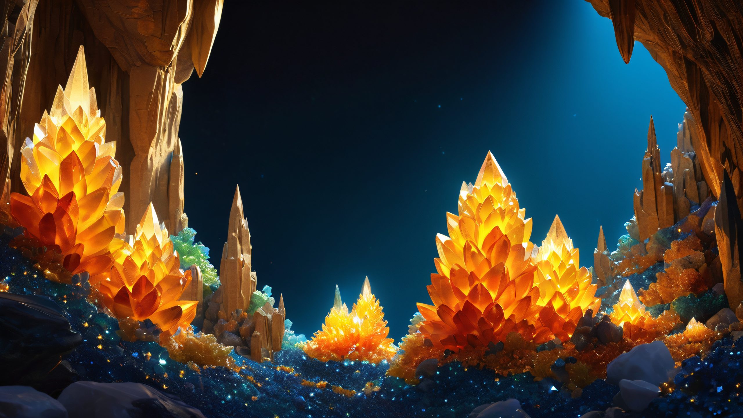 Aesthetic Crystal Cavern Illuminated Background A majestic crystal cave with luminescent gemstones and intricate formations.