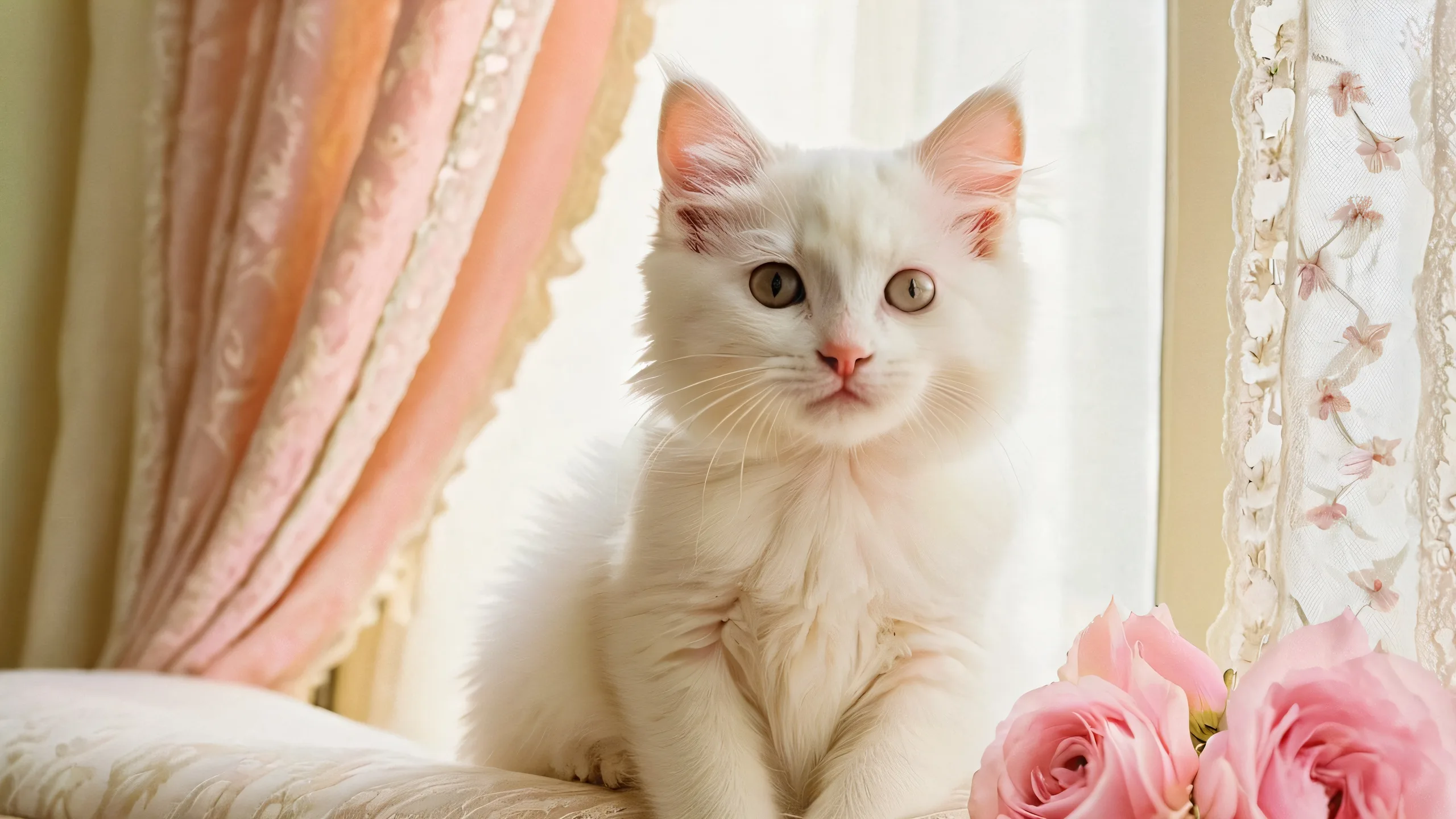 Epic Cuddly Kitten Oasis 4K Desktop Wallpaper A desktop wallpaper featuring a cuddling kitten surrounded by cozy pastel colors, vintage furniture, and lace curtains. Ideal for PC or Desktop screens.